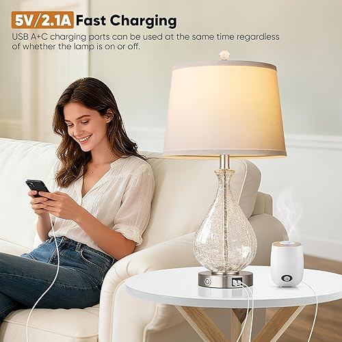 Miniatura 3 de QiMH Juego de 2 lámparas de mesa de cristal para sala de estar, lámparas de noche con puertos de carga USB A+C, lámparas táctiles regulables de 3