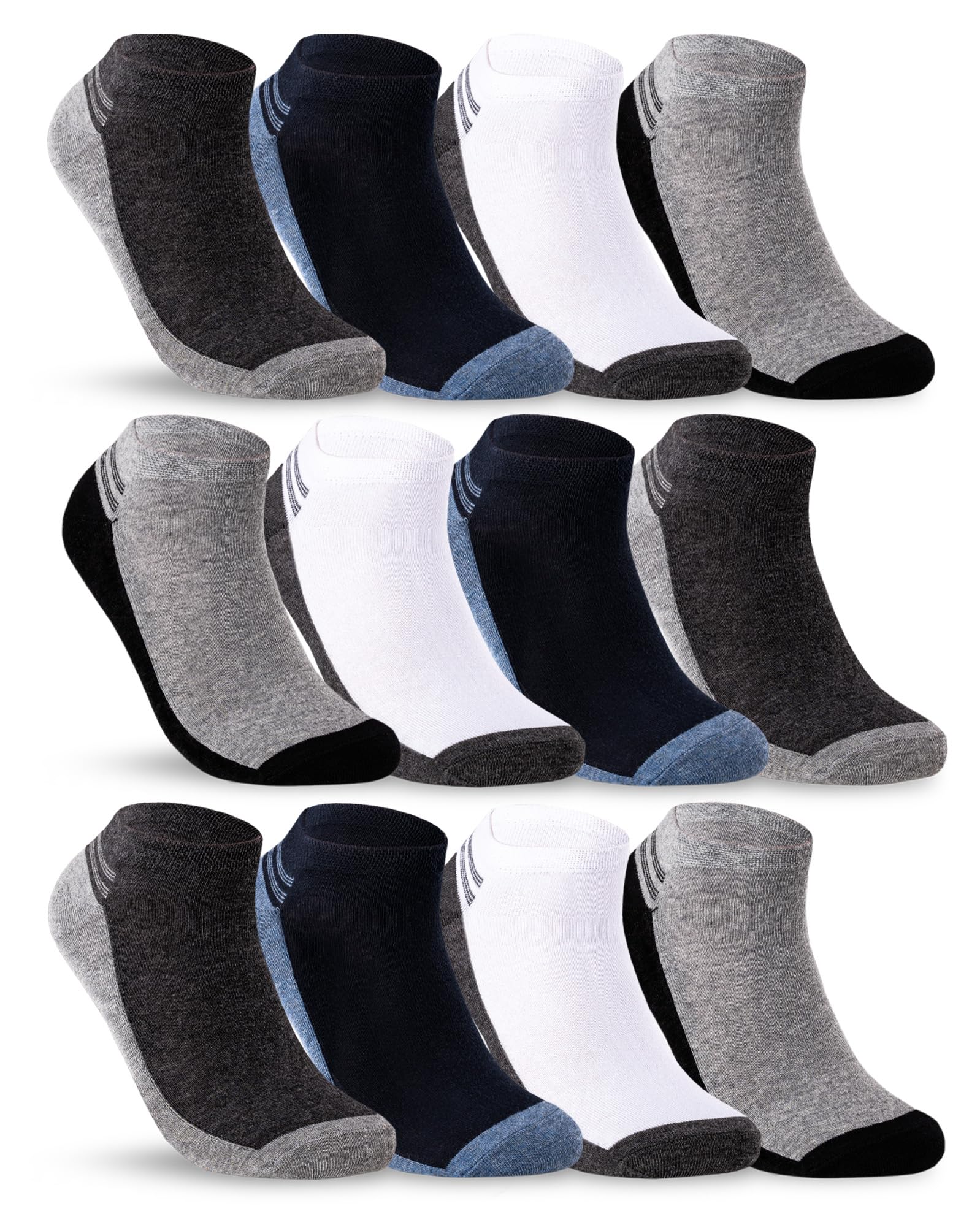 12 Pairs Men's Trainer Socks Multicoloured Cotton, White Blue Grey, 43-46