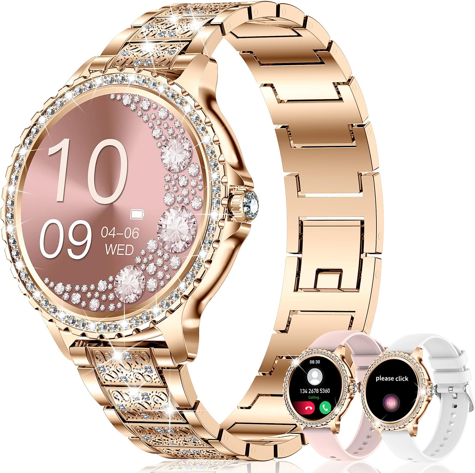 Smart Watch for Women with Diamonds (Answer/Make Call),1.32''Full Touch Screen Smartwatch Android Phones,Fitness Tracker Heart Rate/Blood Oxygen/Sleep Monitor,AI Voice 3 Bling Straps
