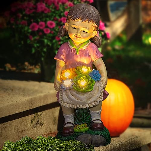 Ottsuls Estatua solar de jardín de niña, resina impermeable, escultura de hada para exteriores, con flores y 4 luces LED para patio, césped, porche,