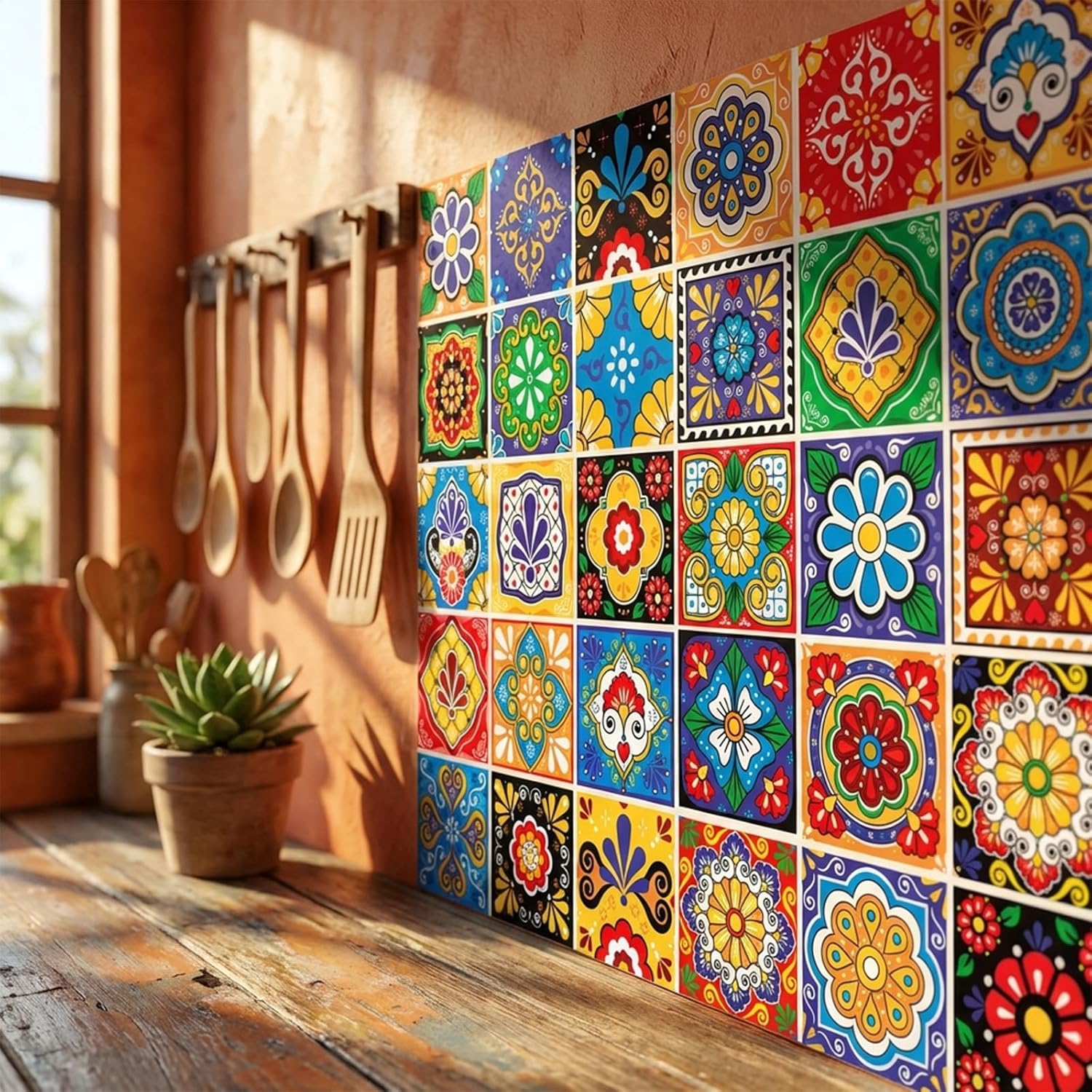 30 Pcs Mexican Talavera Peel and Stick Tile Stickers,Traditional Boho Floral Pattern Waterproof Decals for Kitchen Backsplash,Bathroom Wall,Stair Riser,Easy DIY Home Decor 4x4 Inch