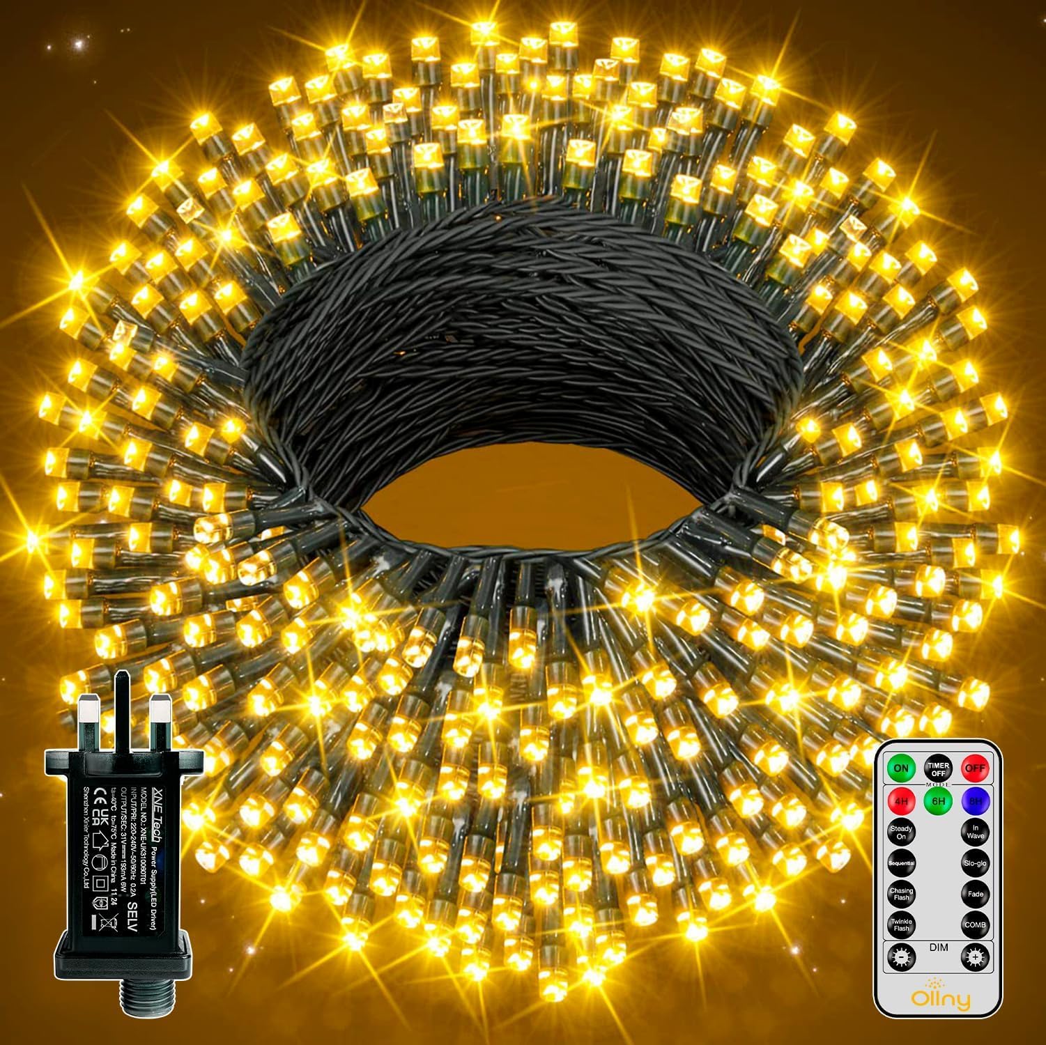 Ollny Christmas Tree Lights Outdoor, 40m 400 LED Fairy Lights Mains Powered, Warm White Waterproof String Light with Plug/Remote/Modes/Timer, Bright Lighting Outside Indoor Garden Xmas Decorations