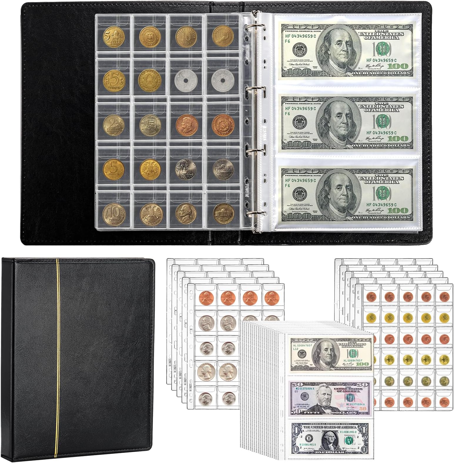 Jucoan 310 Pockets Coin Currency Collection Book Holder for Collectors, 250 Pockets Coin Collection Album and 60 Sleeves Paper Money Banknote Binder, Coin Currency Collection Supplies, Black