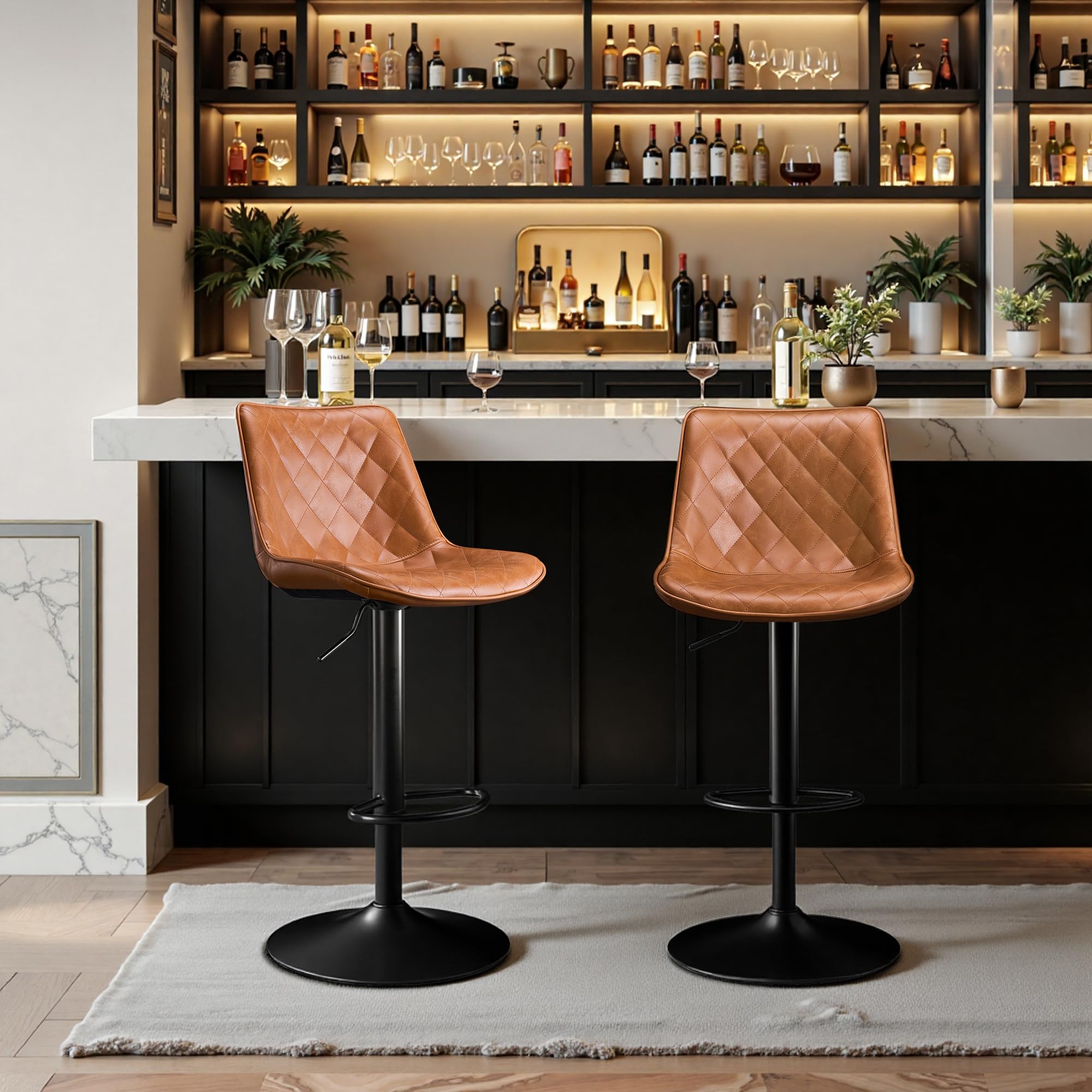 STOOLINK Juego de 2 Taburete Cocina, Taburete Alto Cuero de Microfibra, Taburete de Bar con Respaldo, Taburete Bar Regulables en Altura, Sillas de Bar con Reposapiés-Whisky Marrón