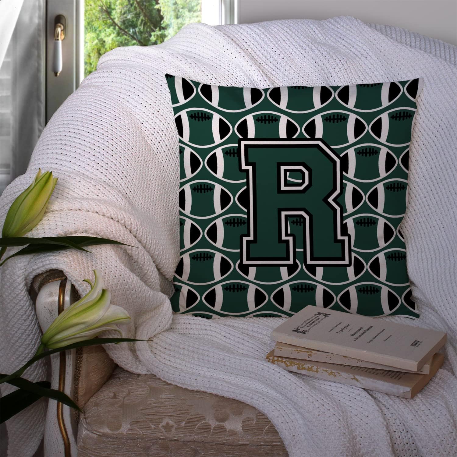 Caroline's Treasures CJ1071-RPW1414 Letter R Football Green and White Fabric Decorative Pillow Machine Washable, Indoor Outdoor Decorative Pillow for Couch, Bed or Patio, 14Hx14W