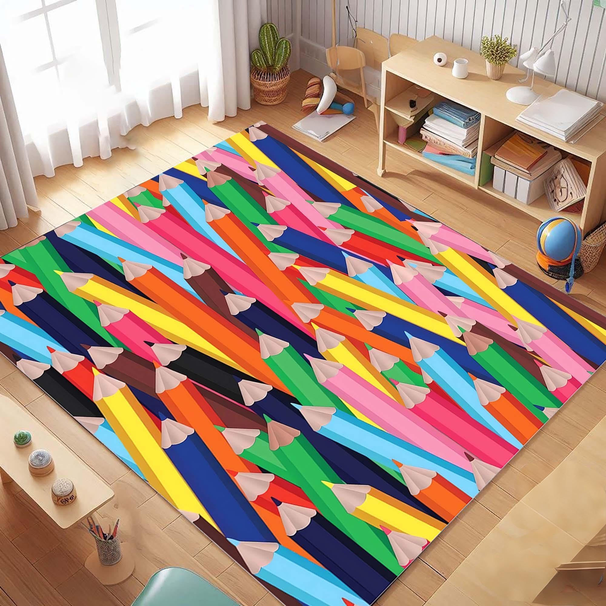 Bycmuoz Colorful Pencils Children's Rug, 180x230cm, Multi-Colored Paintbrushes Classroom Carpet, School Art Class Drawing Anti-Slip Soft Low-Pile Washable Carpets for Family Nursery