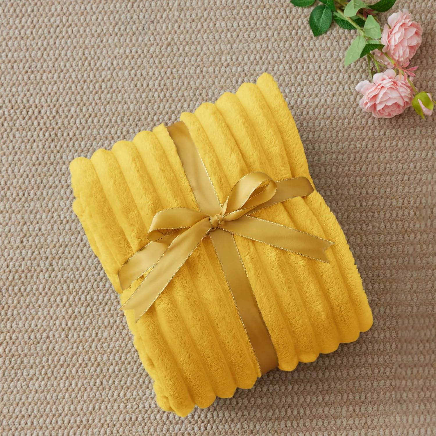 BEDELITE Twin Blanket for Couch & Bed, 300GSM Soft & Warm Fleece Blanket, Decorative and Giftable Striped Light Yellow Blankets for Women, Men, 60"x80" - Image 6