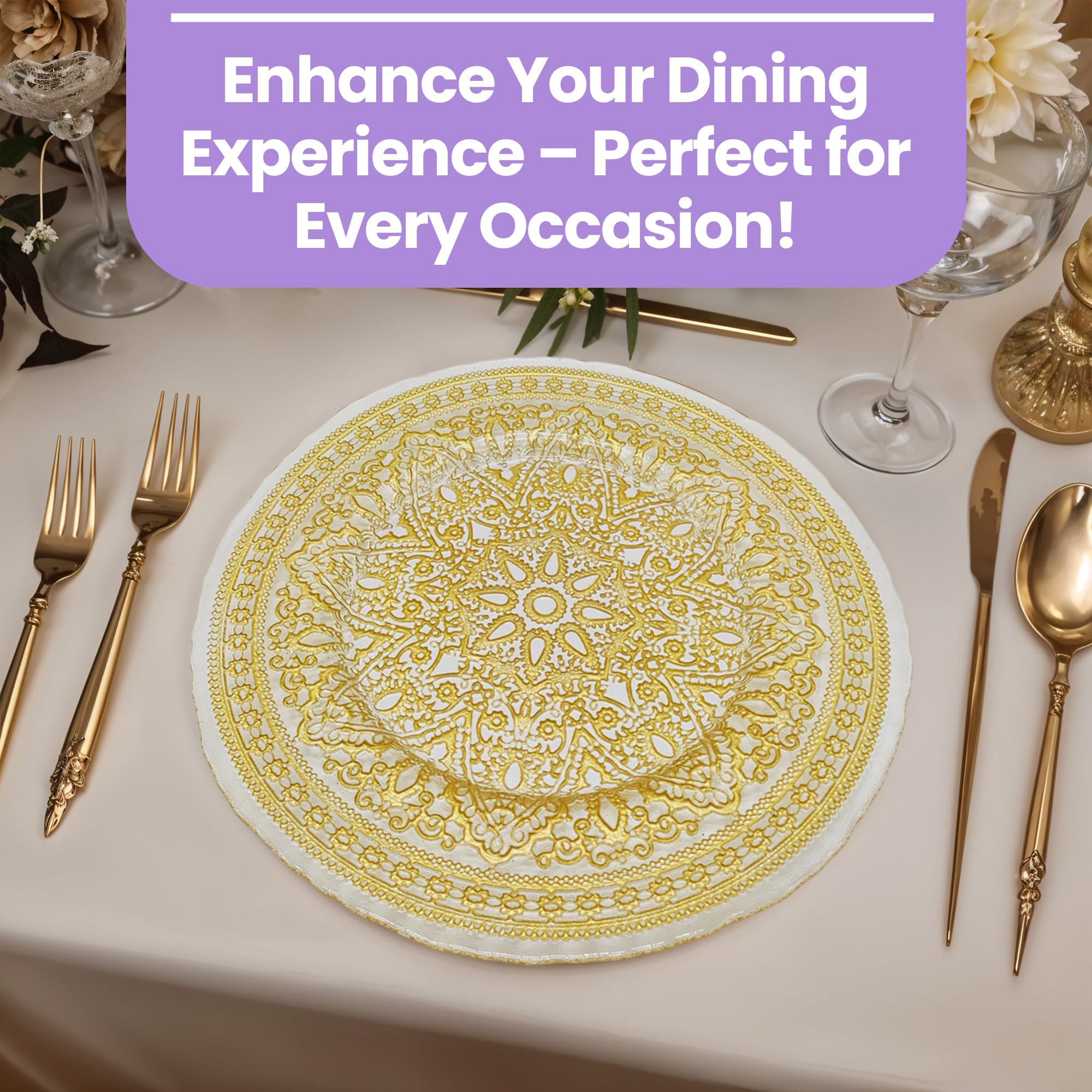 Elegantes platos de carga con diseño de flor de mandala dorada, 33 cm, elegantes platos inferiores para bodas, fiestas, aniversarios, cumpleaños, vajilla, eventos de catering y eventos especiales, 6