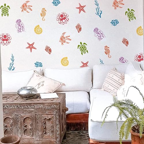 Miniatura 4 de BENECREAT Plantilla de pintura de criaturas marinas, tortuga, pulpo, medusas, caracola, coral, criaturas oceánicas, plantillas para manualidades,