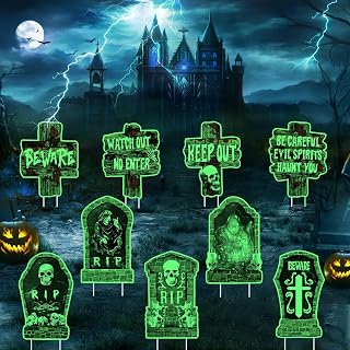 9PCS Halloween Tombstones Yard Sign with Stakes Glow in The Dark Beware Signs Yard Warning Signs Waterproof Plastic Horror Gravestone Headstone Lawn Yard House Decor for Halloween Party Supplies