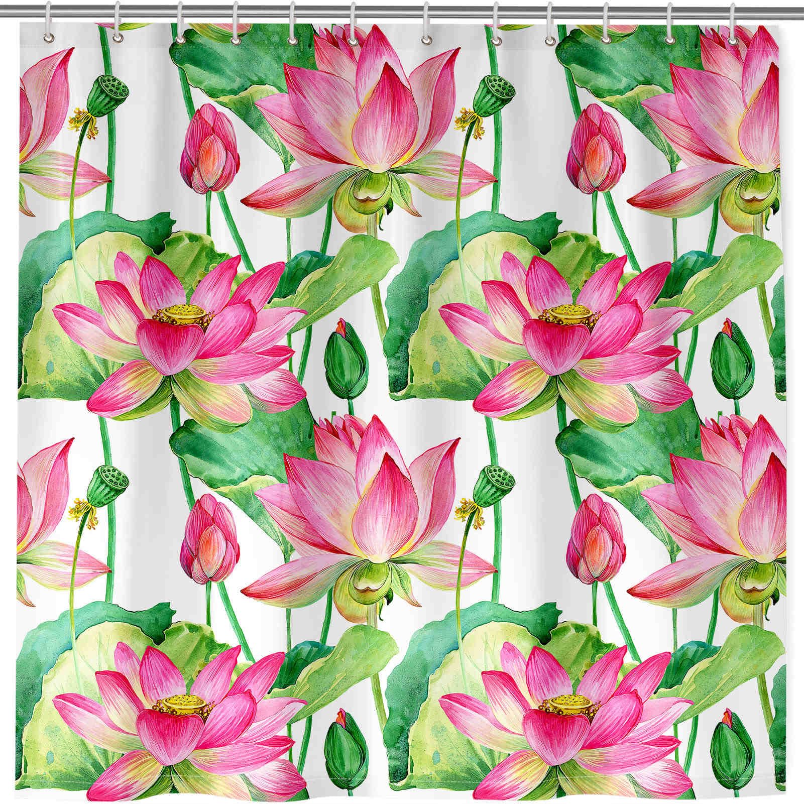ANHOPE Floral Lotus Shower Curtain Waterproof Polyester Fabric Bathroom Curtain Water Lily Flower Bathtub Drapes Mould and Mildew Resistant Bath Decor Set with 12 Hooks 180 x 200 cm — image 1