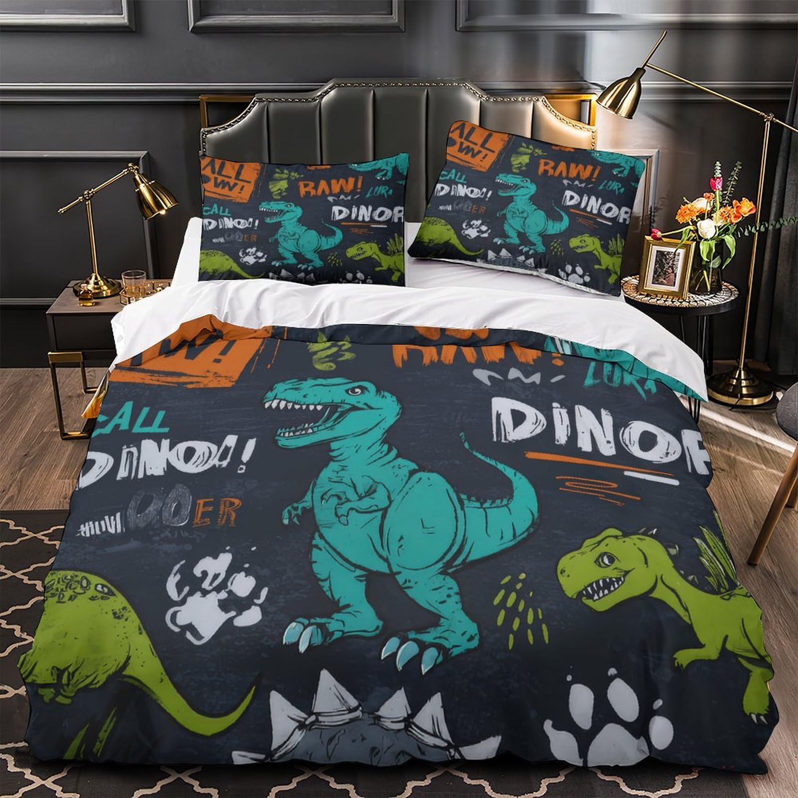 Housse de couette dinosaure 3D pour lit double 2 taies microfibre lavable