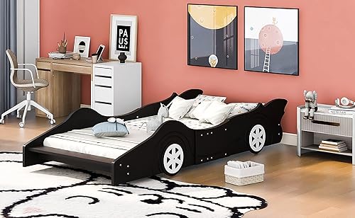 Miniatura 4 de Cama de plataforma en forma de auto de carreras con ruedas, cama de plataforma de madera tamaño individual con barandilla, cama de plataforma para