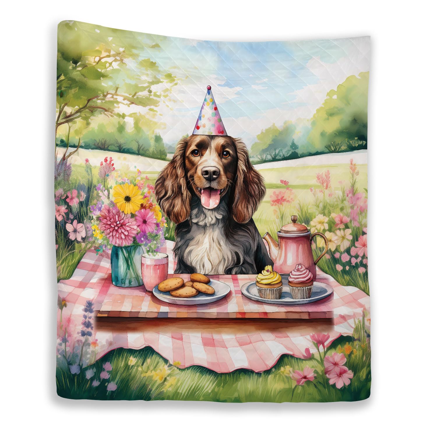 Ninety3POD Happy Mother's Day Boykin Spaniel with Sweets and Flowers at a Picnic Quilt Blanket Dog Lover Cozy Comforter Throw Blanket 13005