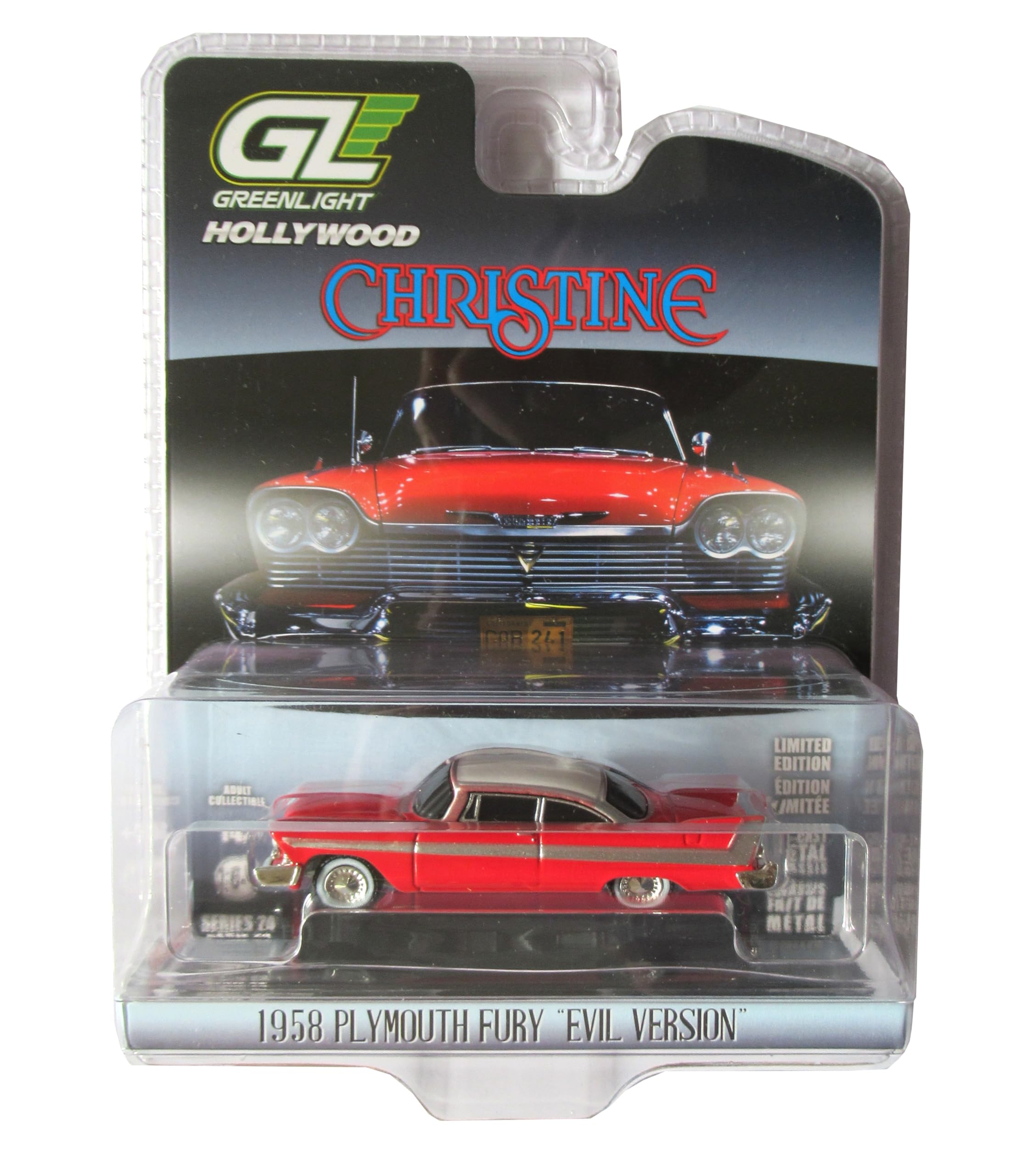 44840B 1/64 1958 Plymouth Fury Red with White Top Evil Version (Blacked Out Windows) Christine (1983) Diecast Model Car