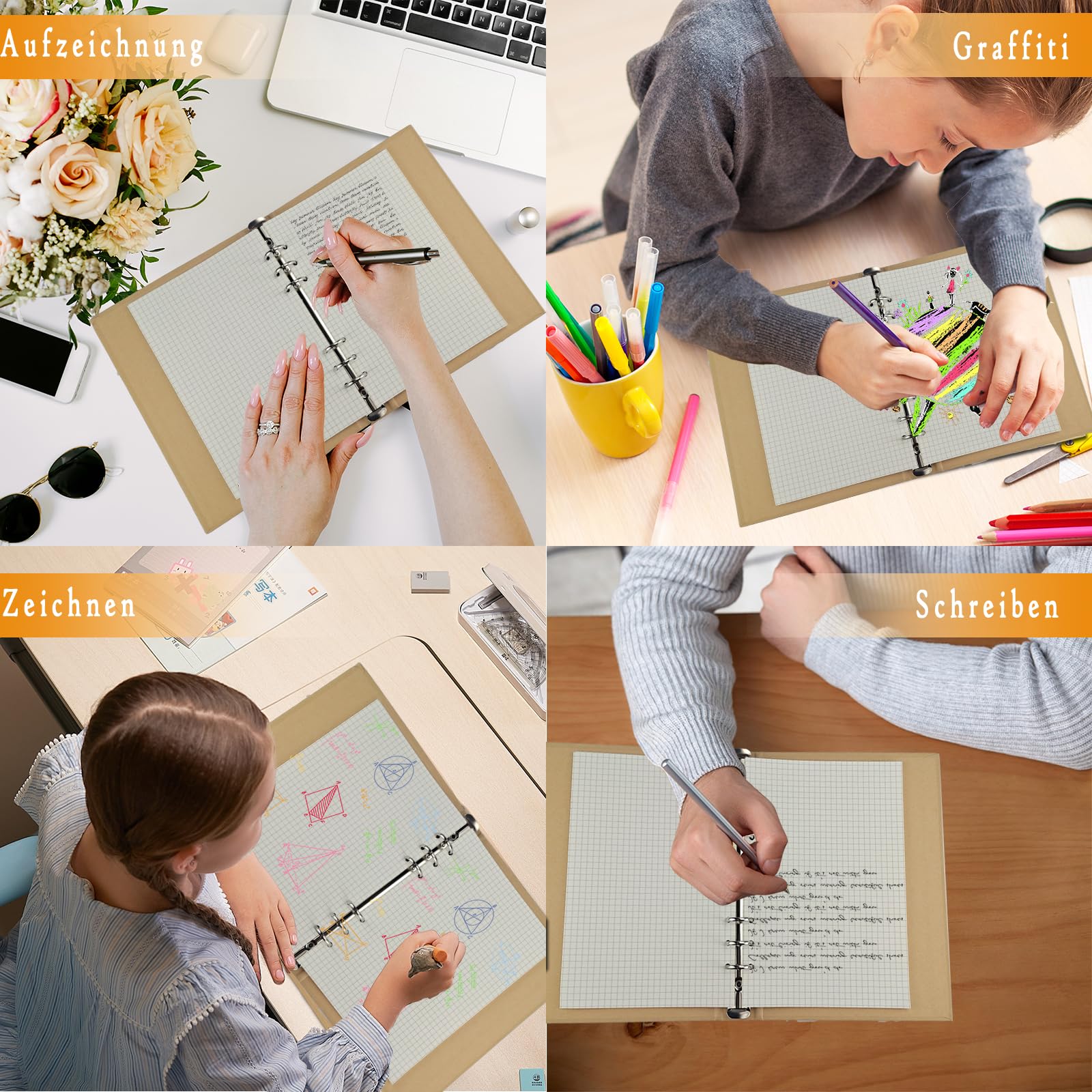 3 opakowania papieru A5, w kratkę, 180 arkuszy, segregator A5, do ponownego napełnienia | Notatnik z 6 dziurkami, papier do uzupełniania, do notatnika, dziennika (21 x 14,5 cm)