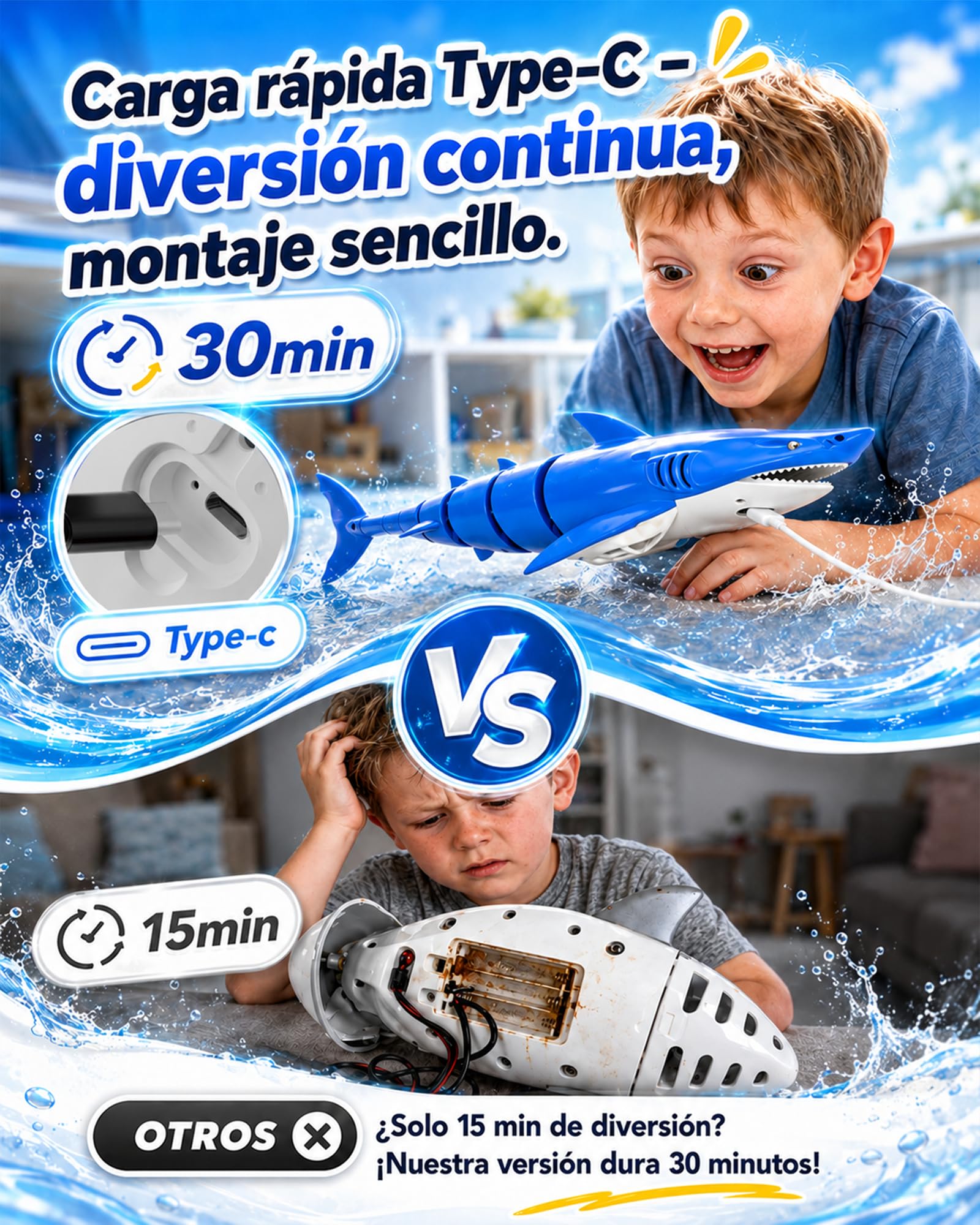 KOKODI Tiburón Robot con Control Remoto Luminoso para Niños a Partir de 3 Años – Juguete Acuático Impermeable para Piscina y Baño de Verano, Control Remoto Impermeable, Regalo de Cumpleaños Unisexo