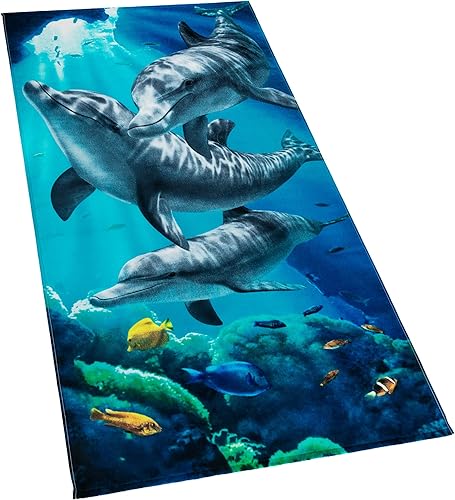 Miniatura 1 de Softerry Toalla de playa Dolphins, 30 x 60 pulgadas, 100% algodón, arrecife de coral y peces tropicales, isla tropical, terciopelo fino y suave.