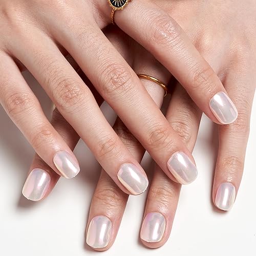 Miniatura 5 de GLAMERMAID - Uñas postizas a presión extra cortas, hechas a mano con pegamento de gel cromado, perla blanca, sirena, cromada, cuadradas, redondas,