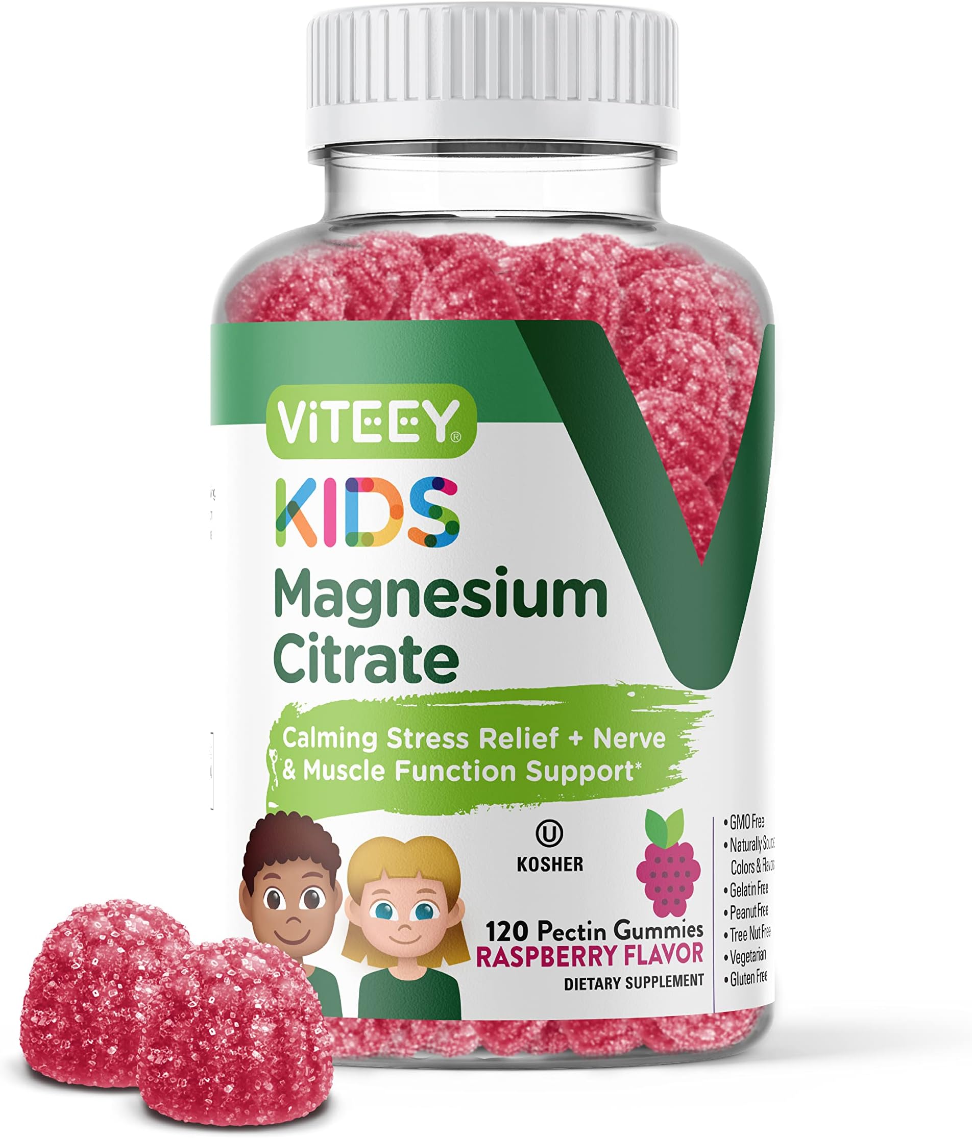 [120 Count] Magnesium Citrate Gummies For Kids Supports Anxiety Relief, Stress Relief, Sleep Aid, Calm Mood, Muscle Relaxer, Optimal Relaxation, Great Tasty Raspberry Flavor Chewable Gummy Supplements