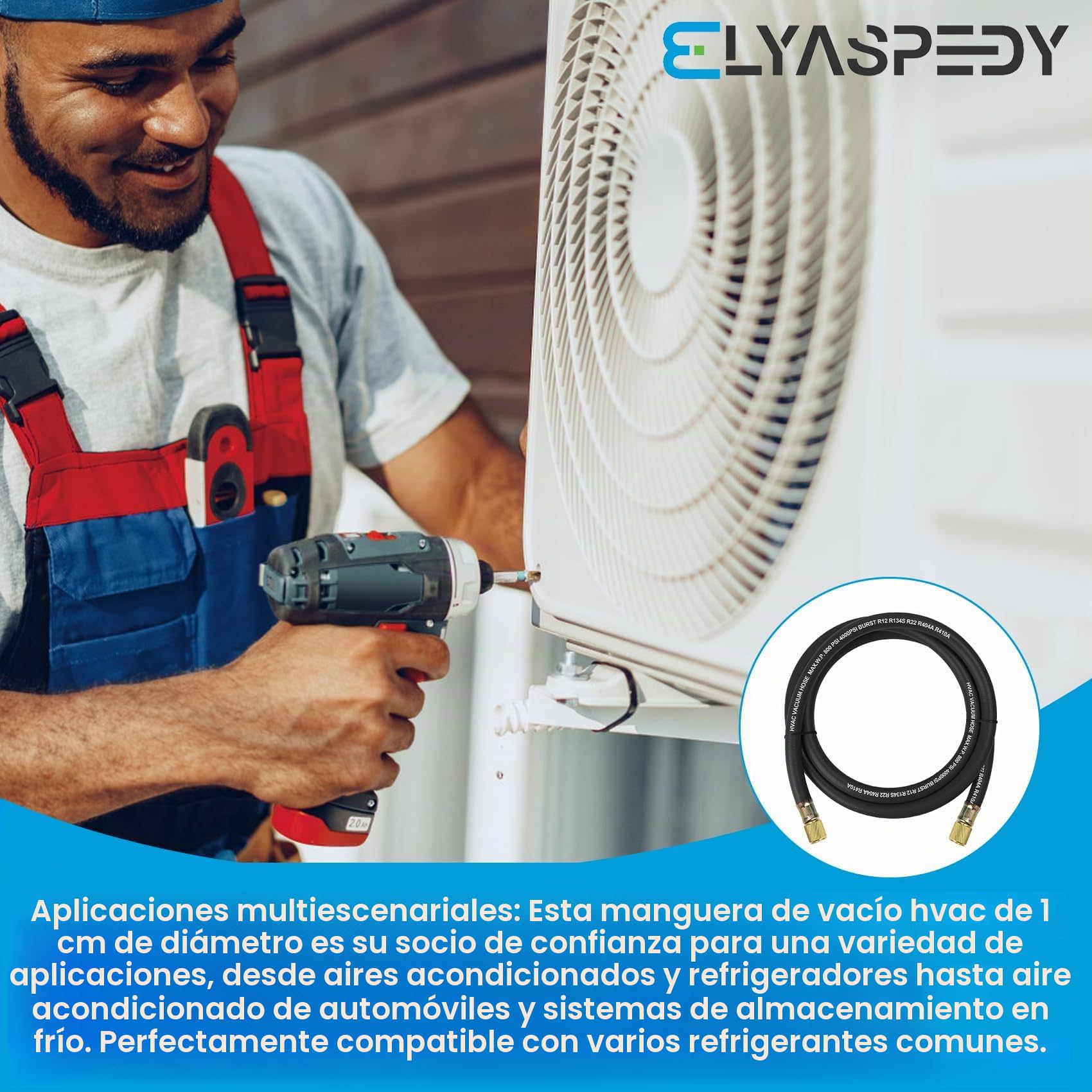 HV1 - Manguera de vacío de 1 cm, 5 pies, accesorios: 1 cm x 1 cm | Presión de ráfaga: 4000 (Psi), compatible con la mayoría de equipos de refrigeración y aire acondicionado, color negro