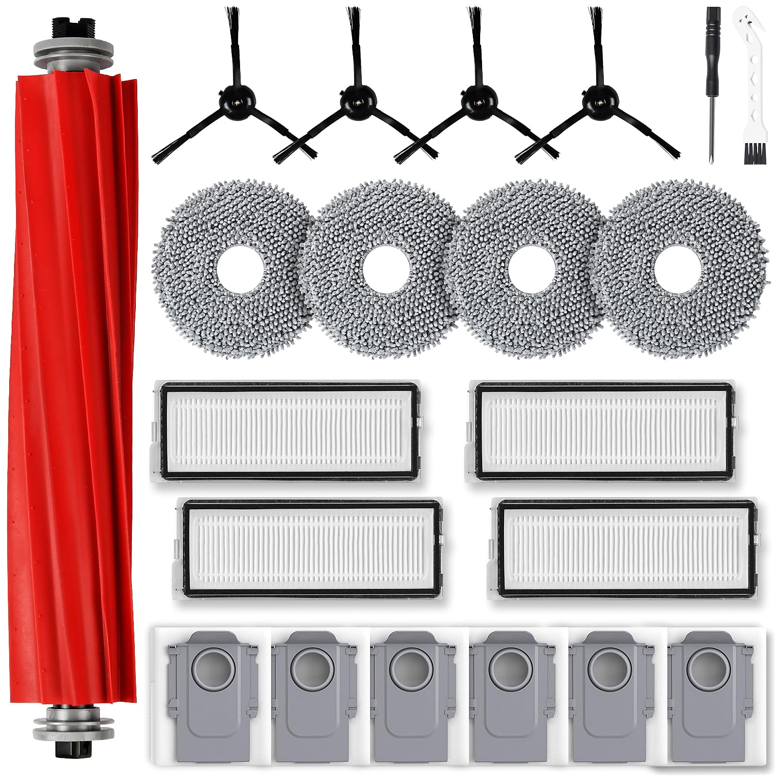 21 Stück Zubehör für Roborock Qrevo S/Qrevo Pro/Qrevo MaxV Saugroboter | Ersatzteile 1 Hauptbürste 6 Staubbeutel 4 Wischpad 4 HEPA Filter 4 Seitenbürste 1 Reinigungszubehör 1 Schraubendreher