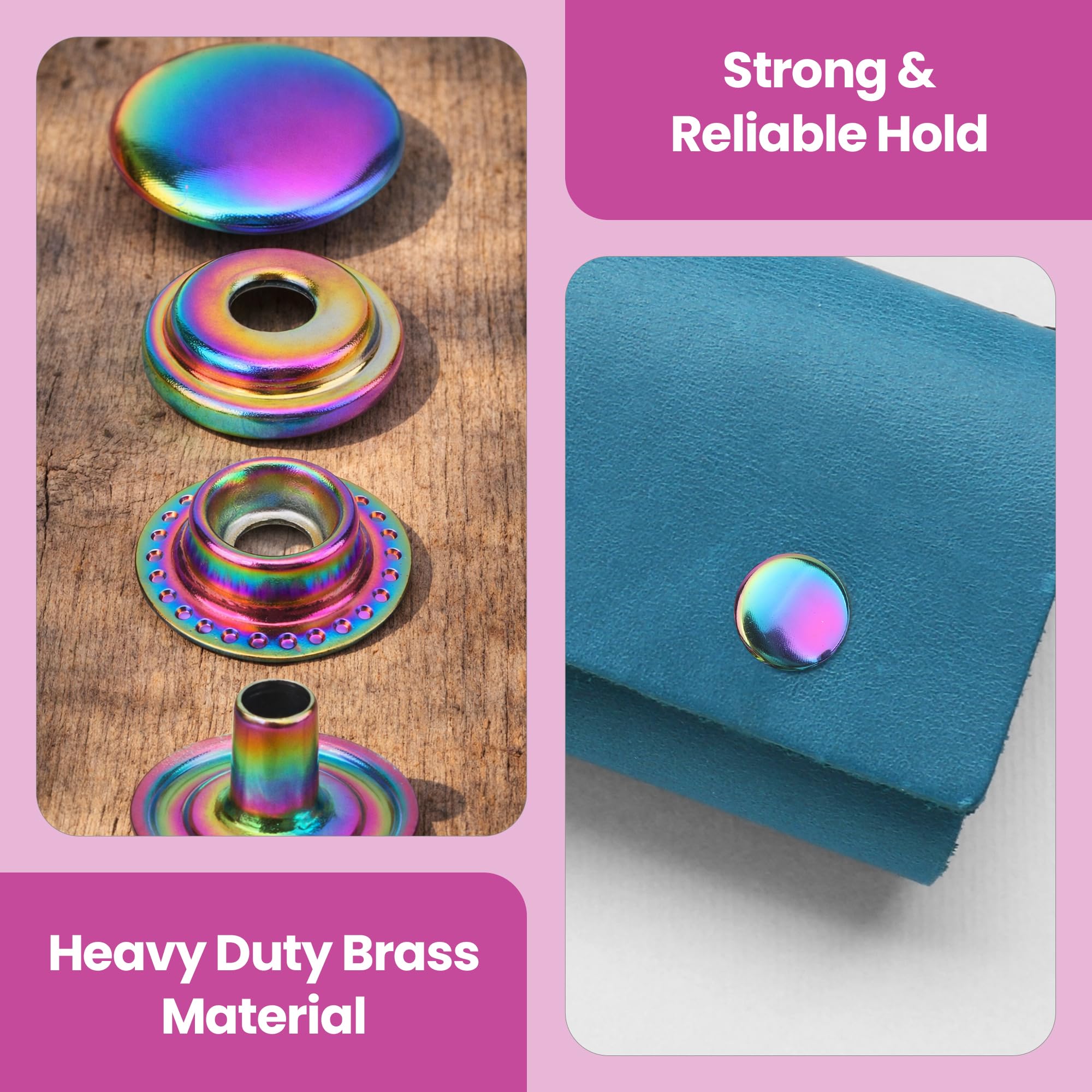 WedDecor Botones de presión grandes de 15 mm de latón resistente de cuatro piezas para manualidades en cuero, cubierta de barco, reparación, reemplazo, ropa, arco iris, 100 juegos
