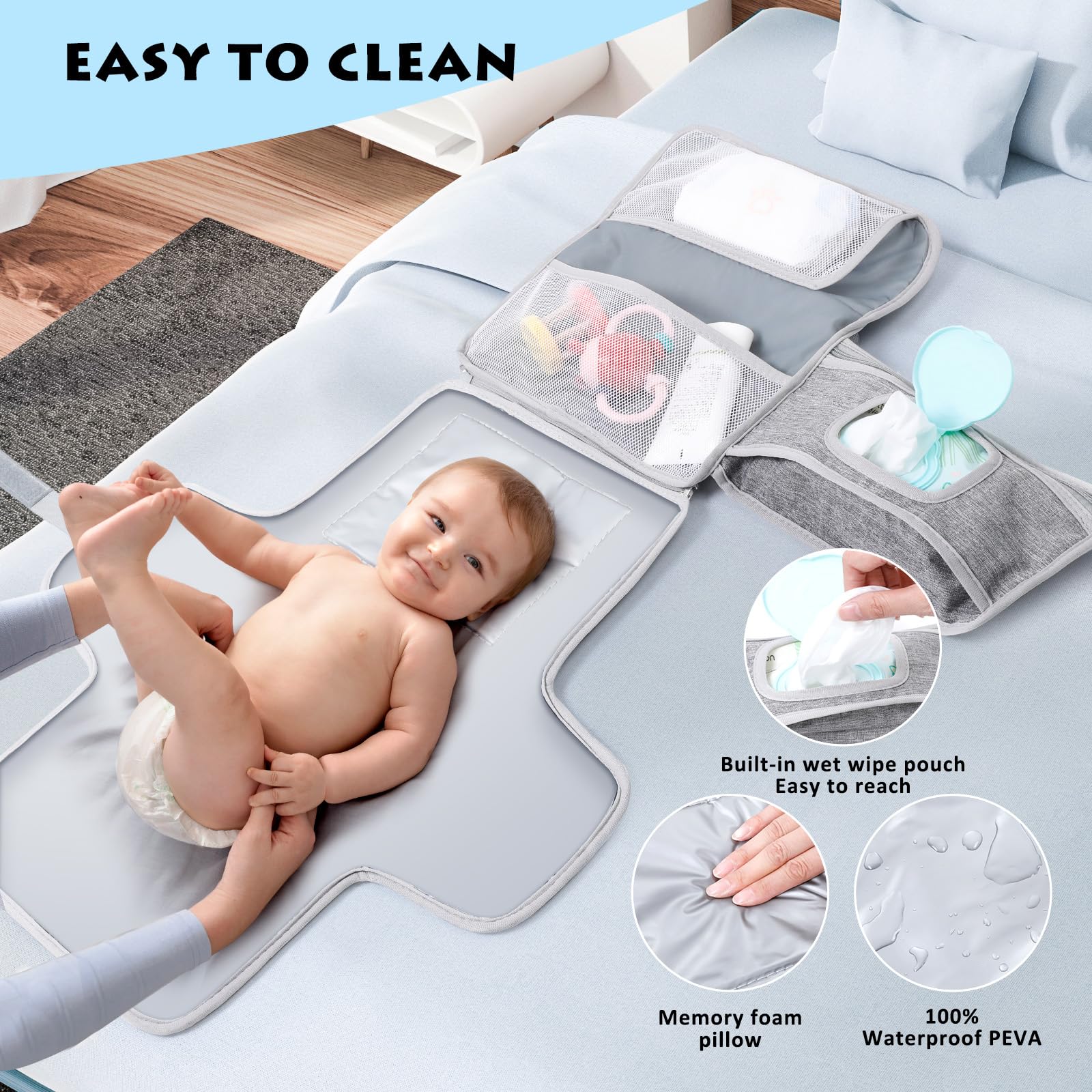 Romon Cambiador Para Viajes Portátil Plegable Gris Impermeable 0-3 Meses Desmontable Con Multiples Compartimentos Para Salidas Y Viajes