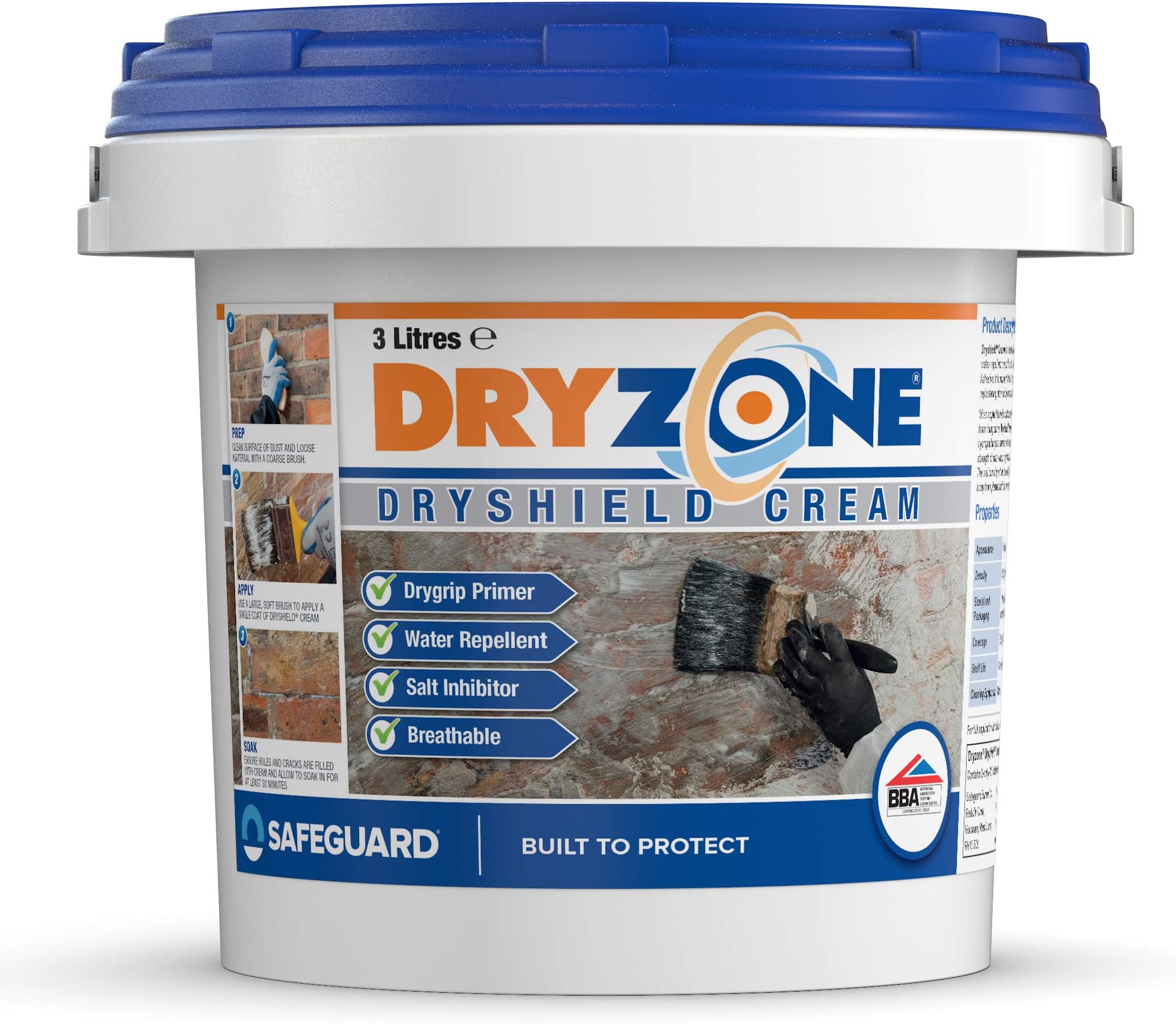 – Dryzone Dryshield Cream 3L System – One Coat Salt Resistant Masonry Cream, Breathable Damp Primer for Brick, Stone & Mortar, Acts as Primer for Drygrip Adhesive (Interior)