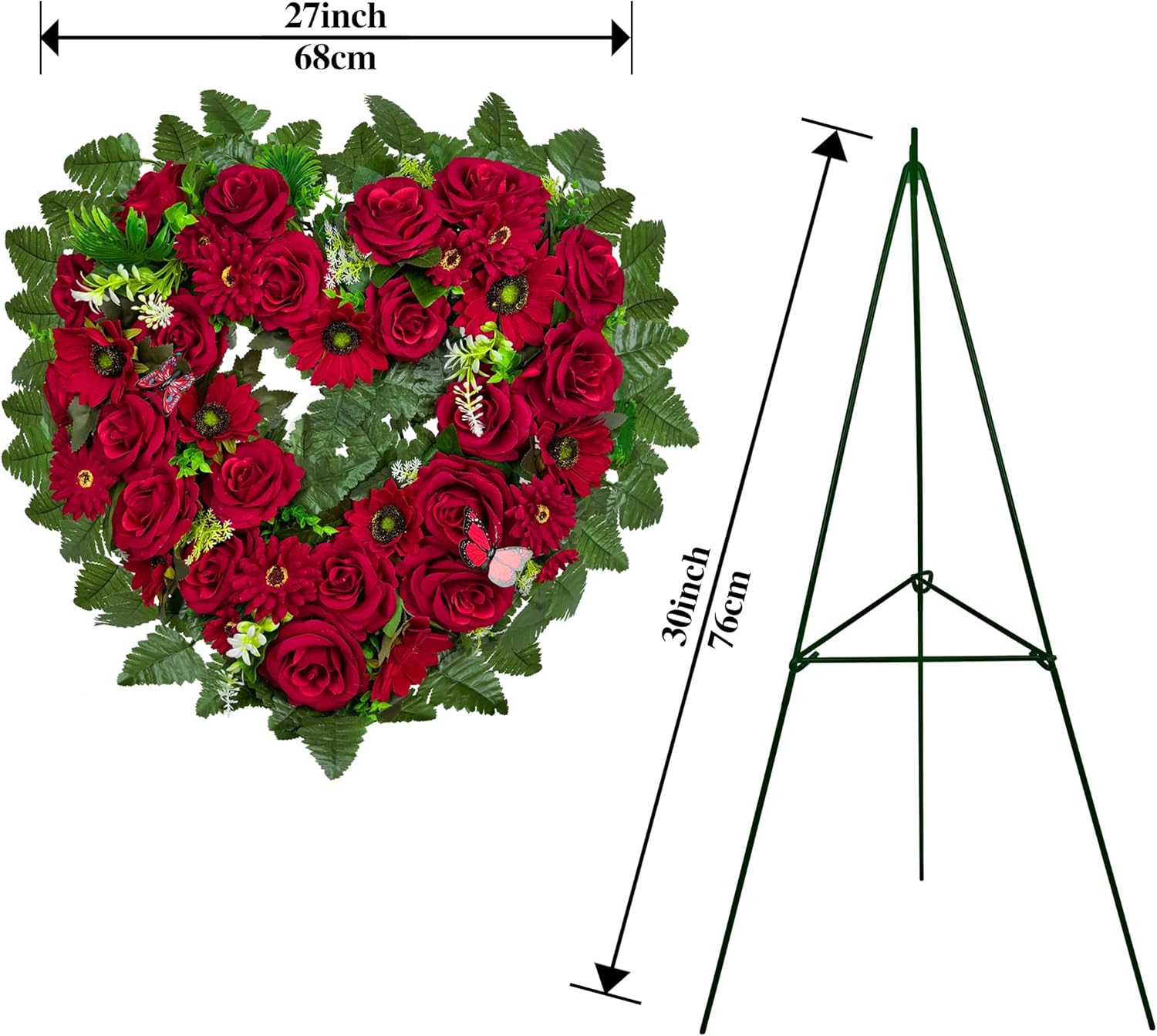 Cemetery Wreaths - Ebullient Remembrance Standing Heart, Grave Wreath with 30 Inch Easel Stand,Memorial Floral-Red Rose