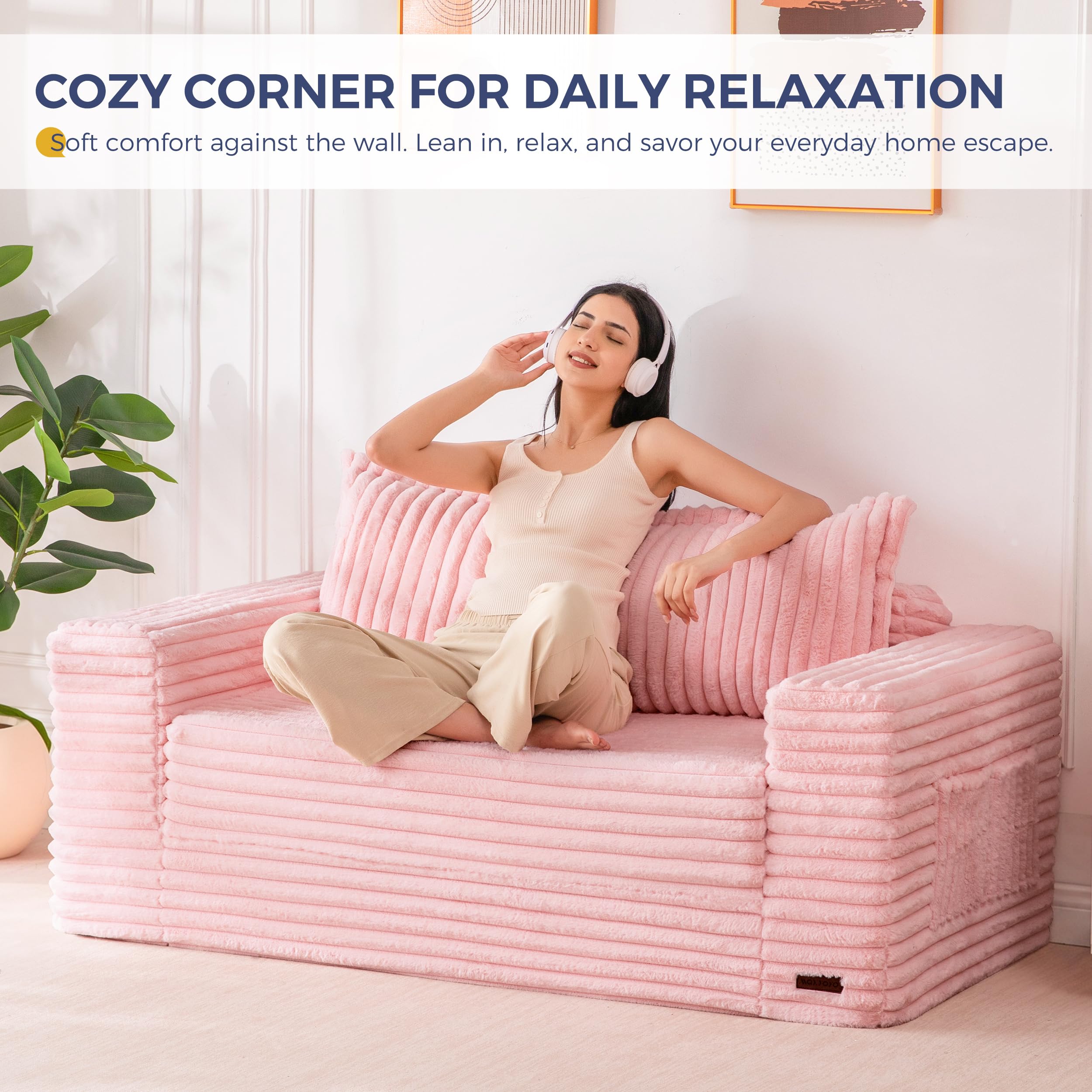 MAXYOYO Convertible Sofa Bed, Pull-Out Loveseat Couch Bed for Small Space | 2 in 1 Folding Couch Bed with Large Back Pillow, Plush Faux Fabric Lounge Couch for Living Room, Apartment, Pink