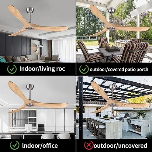 Miniatura 5 de Bigzone Ventilador de techo para exteriores de 60 pulgadas con control remoto, motor de CC de ahorro de energía, 3 aspas de madera maciza, sin luz,