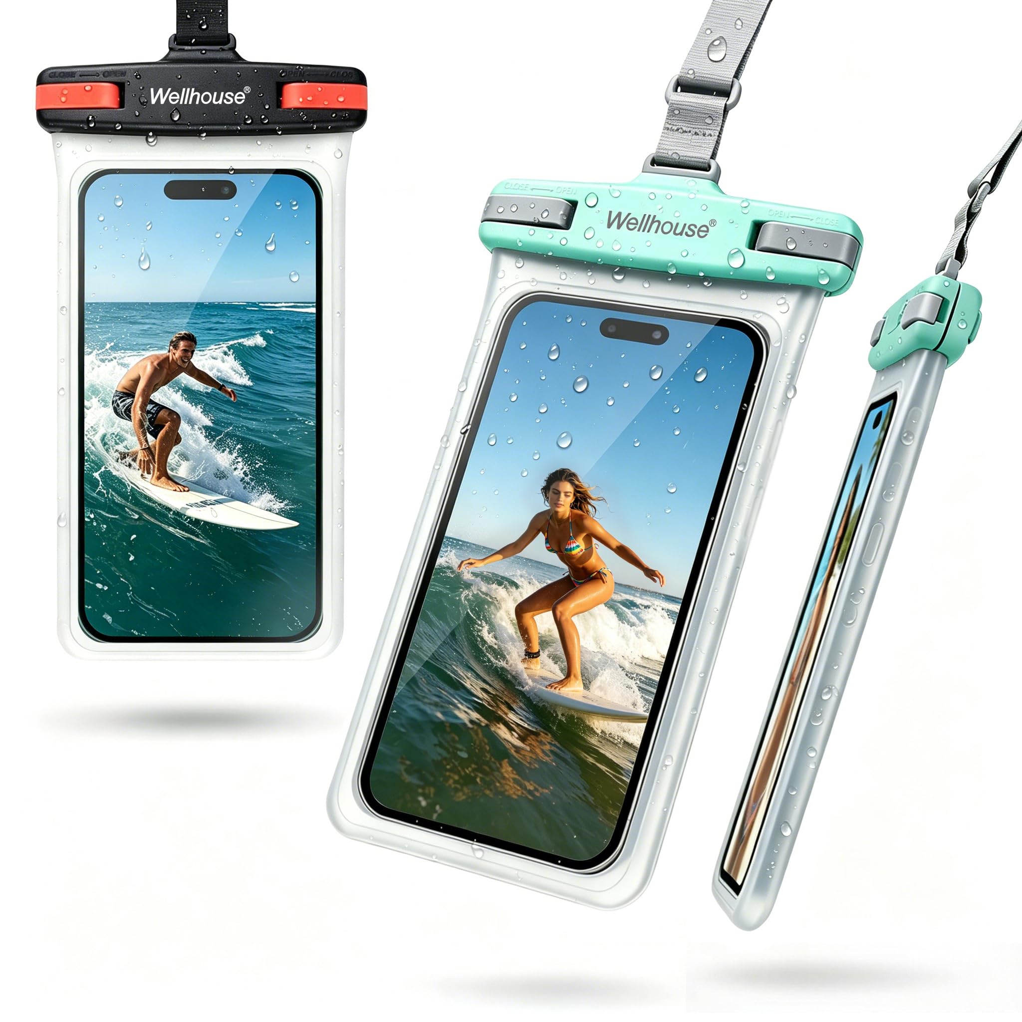 wellhouse Waterproof Phone Pouch, Waterproof Phone Case for iPhone 17 16 15 14 13 Pro Max XS Samsung, IPX8 3D Cellphone Dry Bag Beach Essentials (2 Pack - Black &amp; Green7.0， 7 inch)