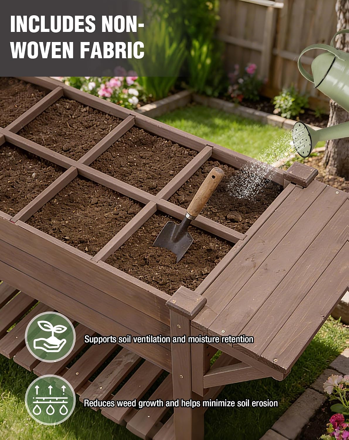 Raised Garden Bed with Non-Woven Liner, Mobile Elevated Garden Bed with Wheels, Wooden Outdoor Planter Box with Removable Dividers and Storage Shelf for Flower Vegetable Herb