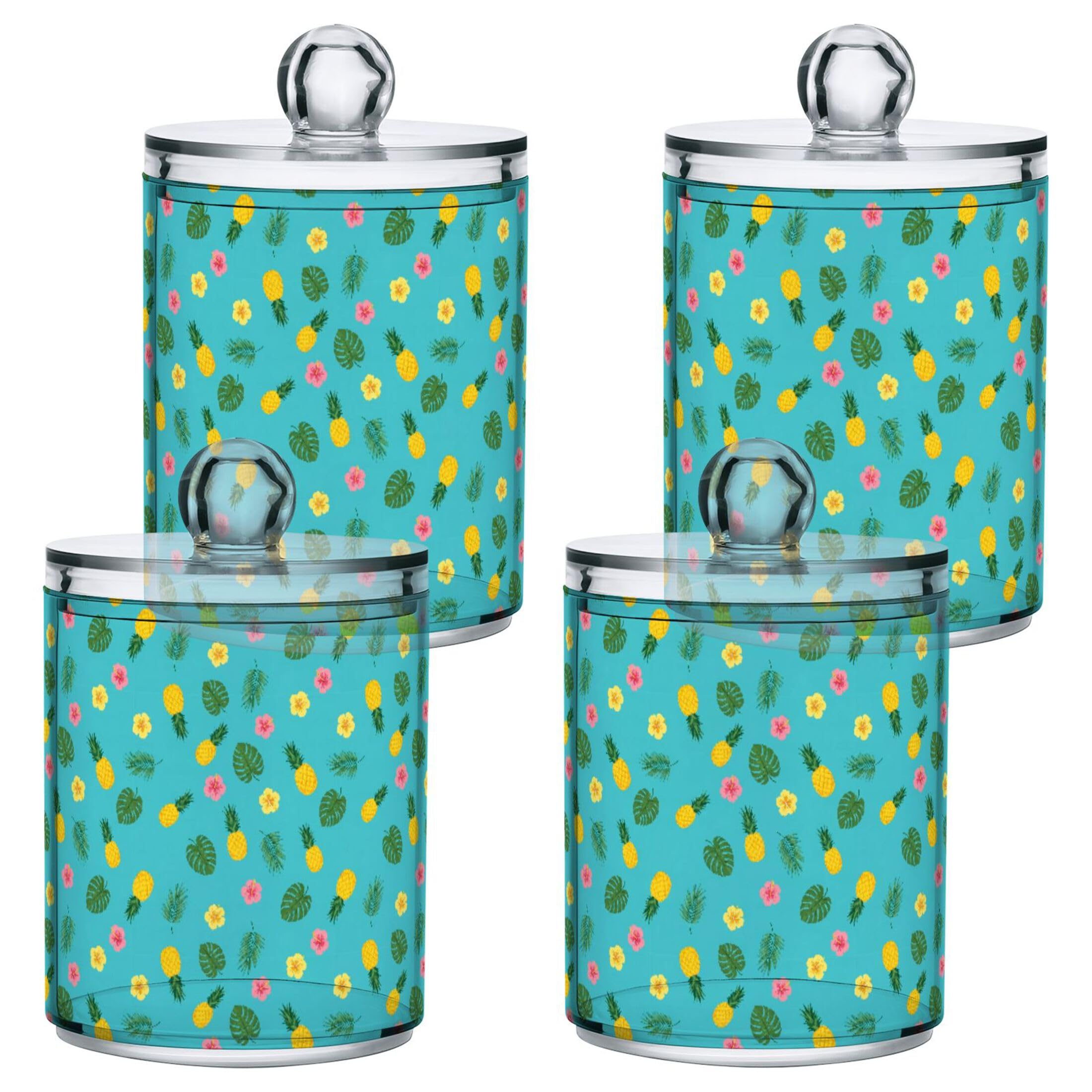 Fuauuyl Pineapples Qtip Holder Dispenser 4 Pack Plastic Apothecary Jar Storage Organization Bathroom Vanity Makeup Storage Organization For Cotton Ball Swab Pad