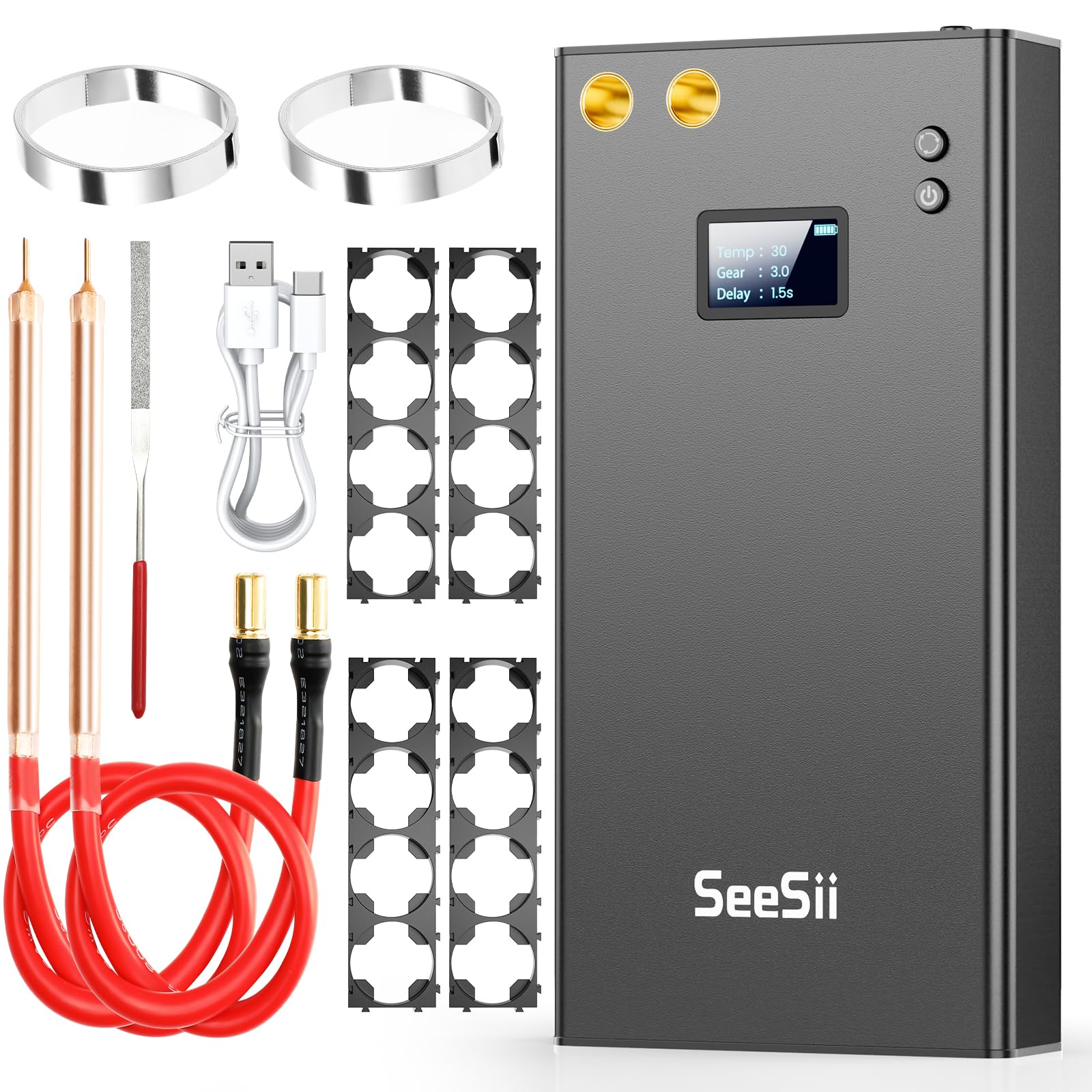 Seesii Soudeur par Points, SE-203 11000mAh Équipement de Soudage par Points Portable pour Batterie, Spot Welder avec Écran LCD 80 Engrenages Réglables pour 2 Lames de Nickel 5 Mètres