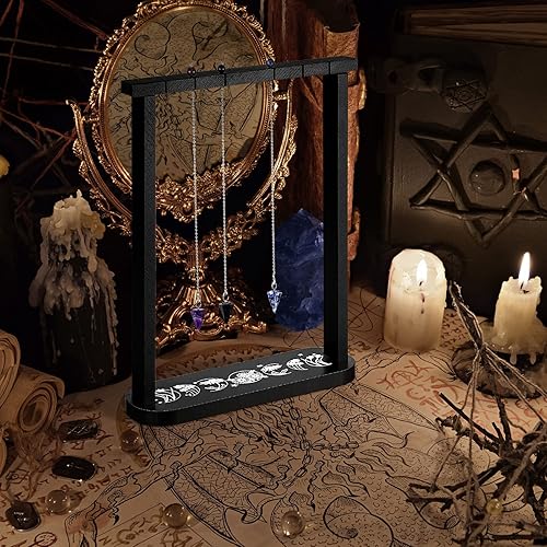 Miniatura 6 de Soporte de exhibición de péndulo de madera, estante de exhibición de cristal negro para piedras, rocas, soporte de péndulo de cristal con 3 piezas