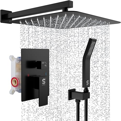 SR SUN RISE Juego de grifo de ducha Sistema de ducha Rainfull de 16 pulgadas Cabezal de ducha de metal con mano Negro mate