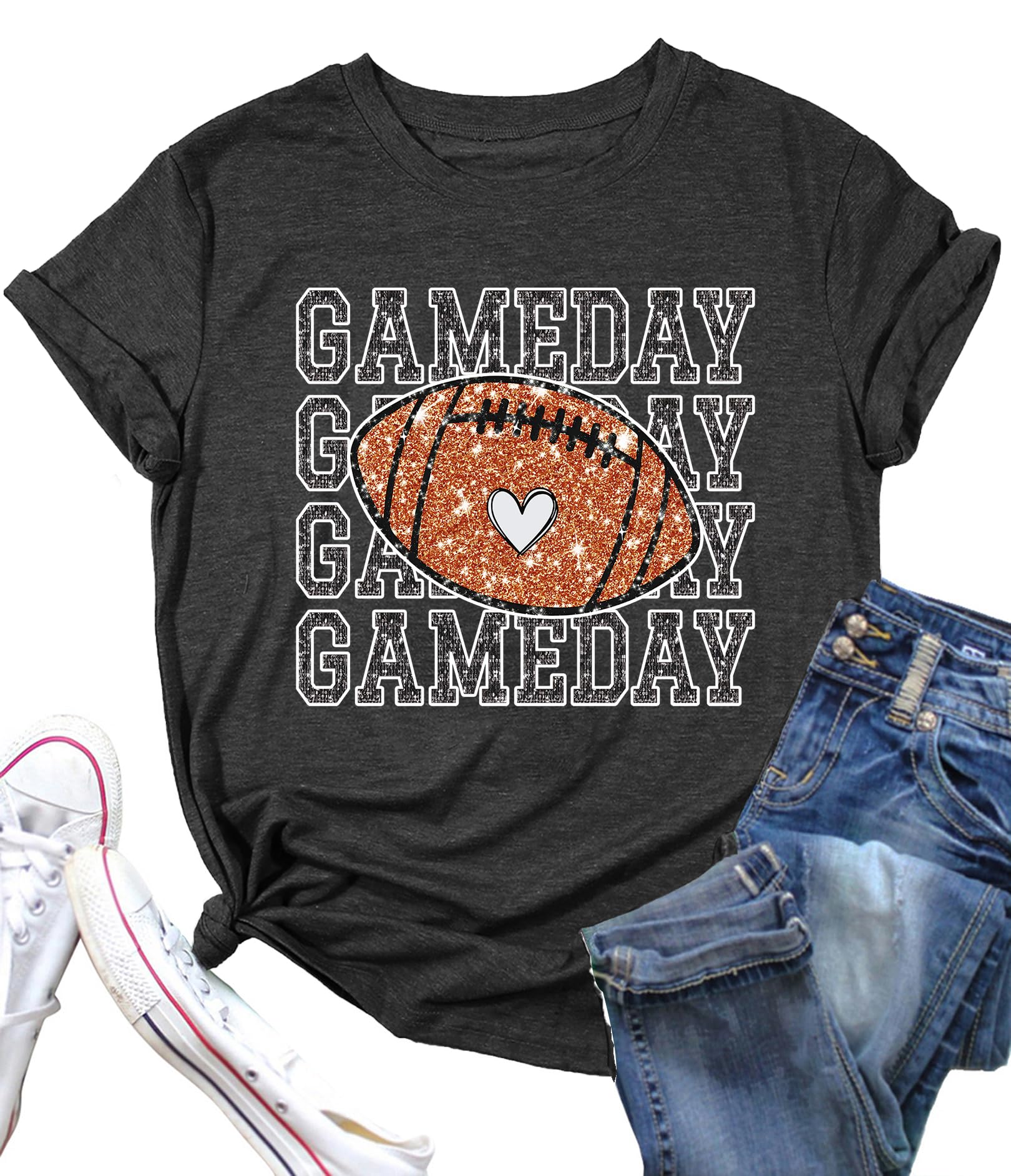 PECHAR Game Day Football Shirts Women Vintage Glitter Football Graphic T Shirt Tee Tops