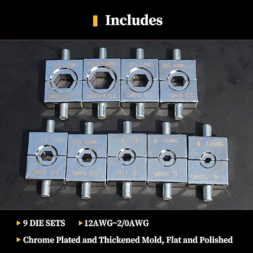 Miniatura 4 de Herramienta de prensado hidráulico de 10 toneladas, rango de 12 AWG-20 AWG, herramienta de prensado de cables de batería, trazo de 0.43 pulgadas,