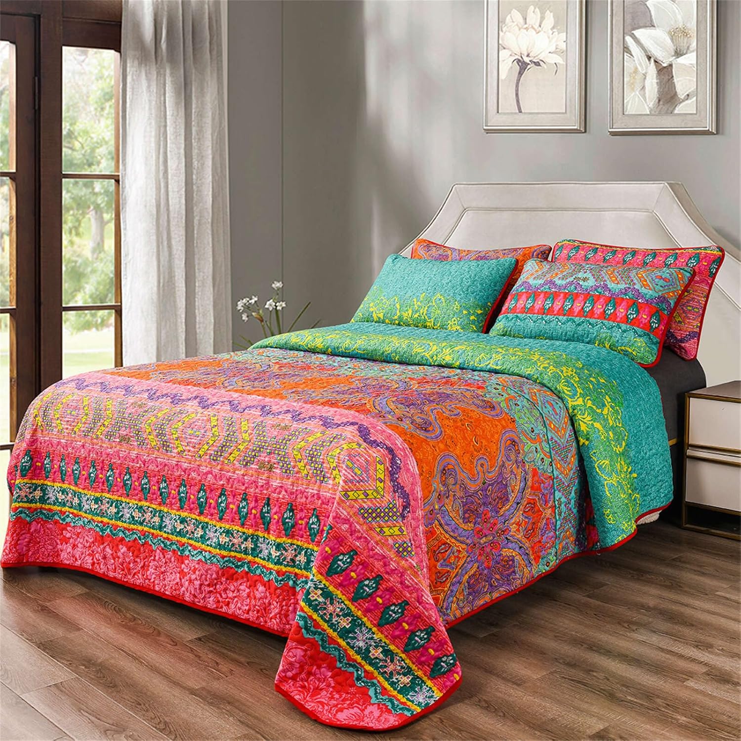 Colorful Bohemian Quilt Set Queen Size Boho Red Green Exotic Printed Bedspread Set 3 Pieces Vibrant Vintage Ethnic Striped Microfiber Bed Coverlet for All Seasons