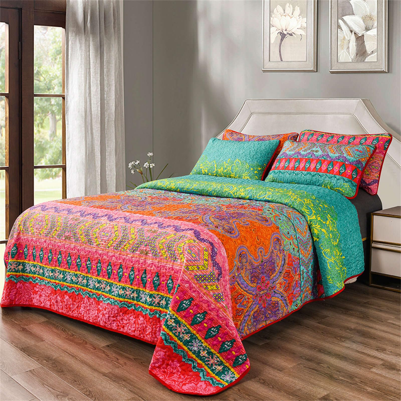 YASMENG Colorful Bohemian Quilt Set King Size Boho Red Green Exotic Printed Bedspread Set 3 Pieces Vibrant Vintage Ethnic Striped Microfiber Bed