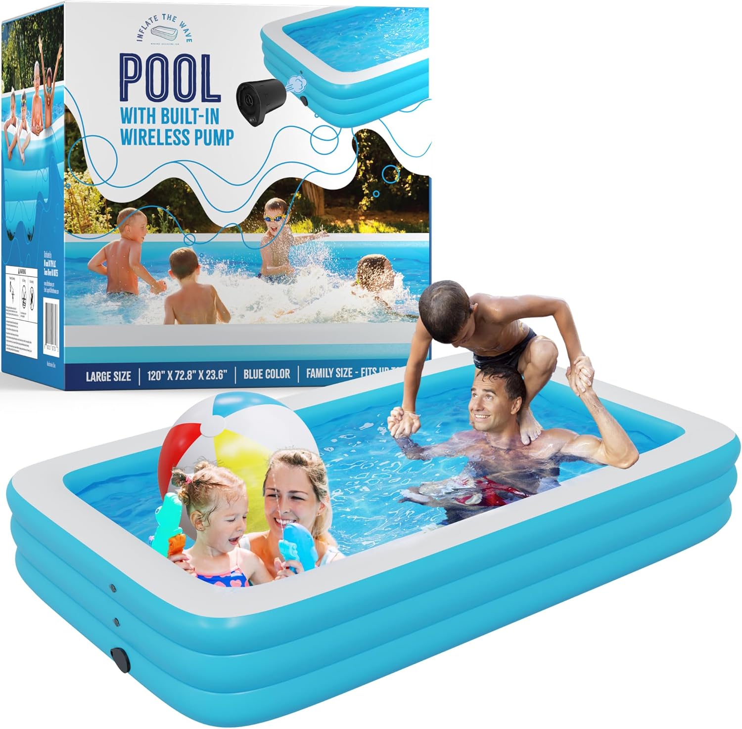 Blue Inflatable Swimming Pool (120 x 72.8 x 23.6) Built-in Air Pump Inflatable Kiddie Pool, Family Pools for Kids and Adults - Self Inflating Backyard Blow Up Pool for Toddlers & Babies (Large)