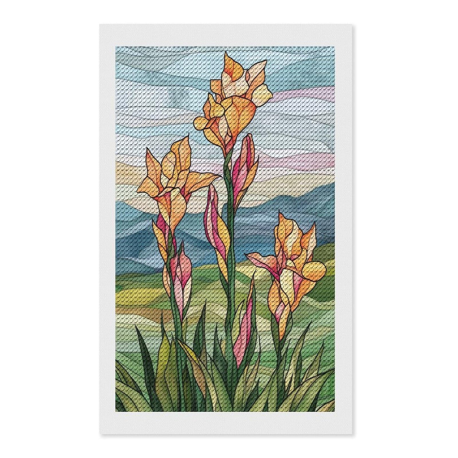 Junmoney Stained Glass Flowers Diamond Art Kit 12"x20", Modern Decor, for Adults, Printed Canvas, Holiday Gift Idea, Fun Craft Experience