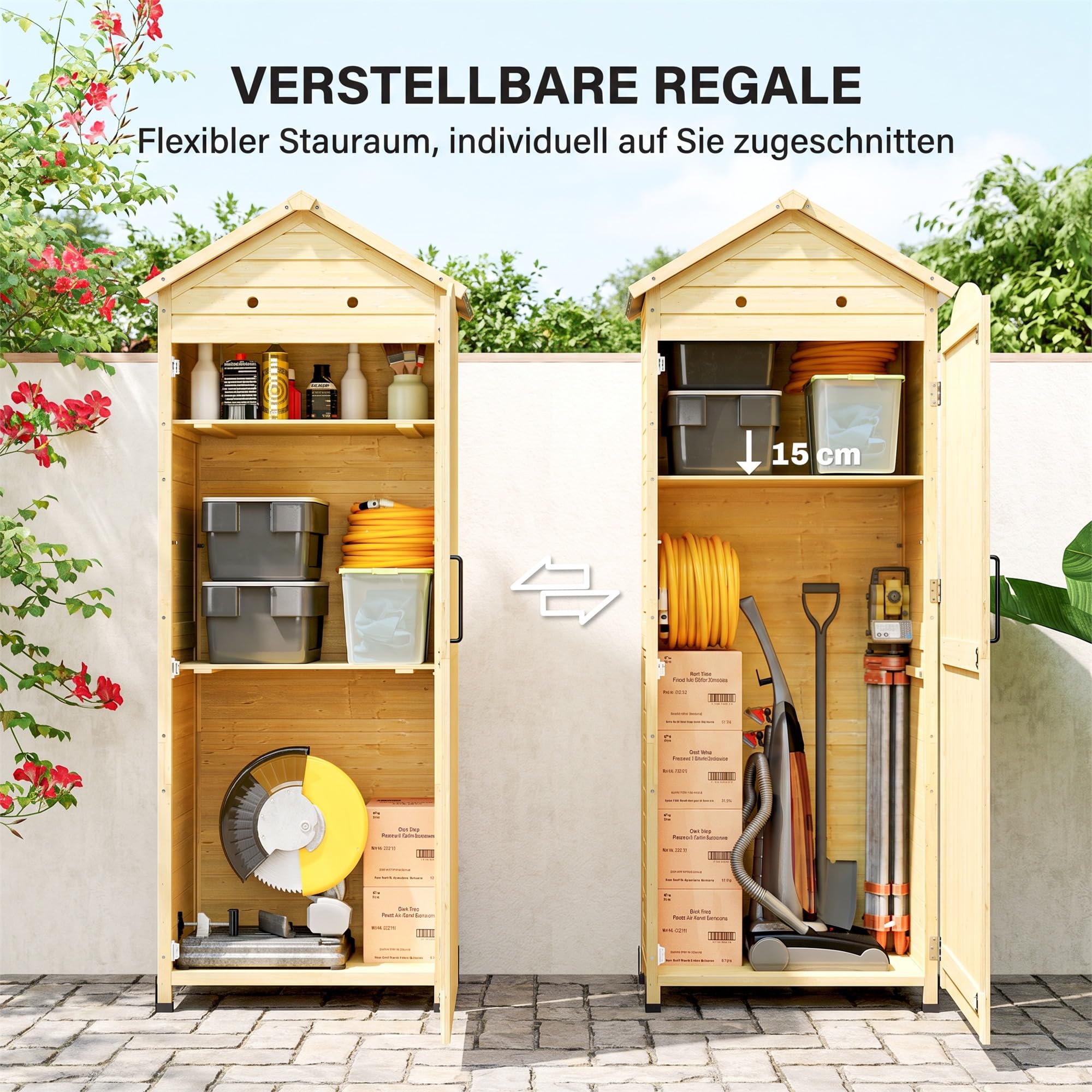 Outsunny Gartenschrank Holz extra hohe Geräteschuppen 85x58x213 cm Natur