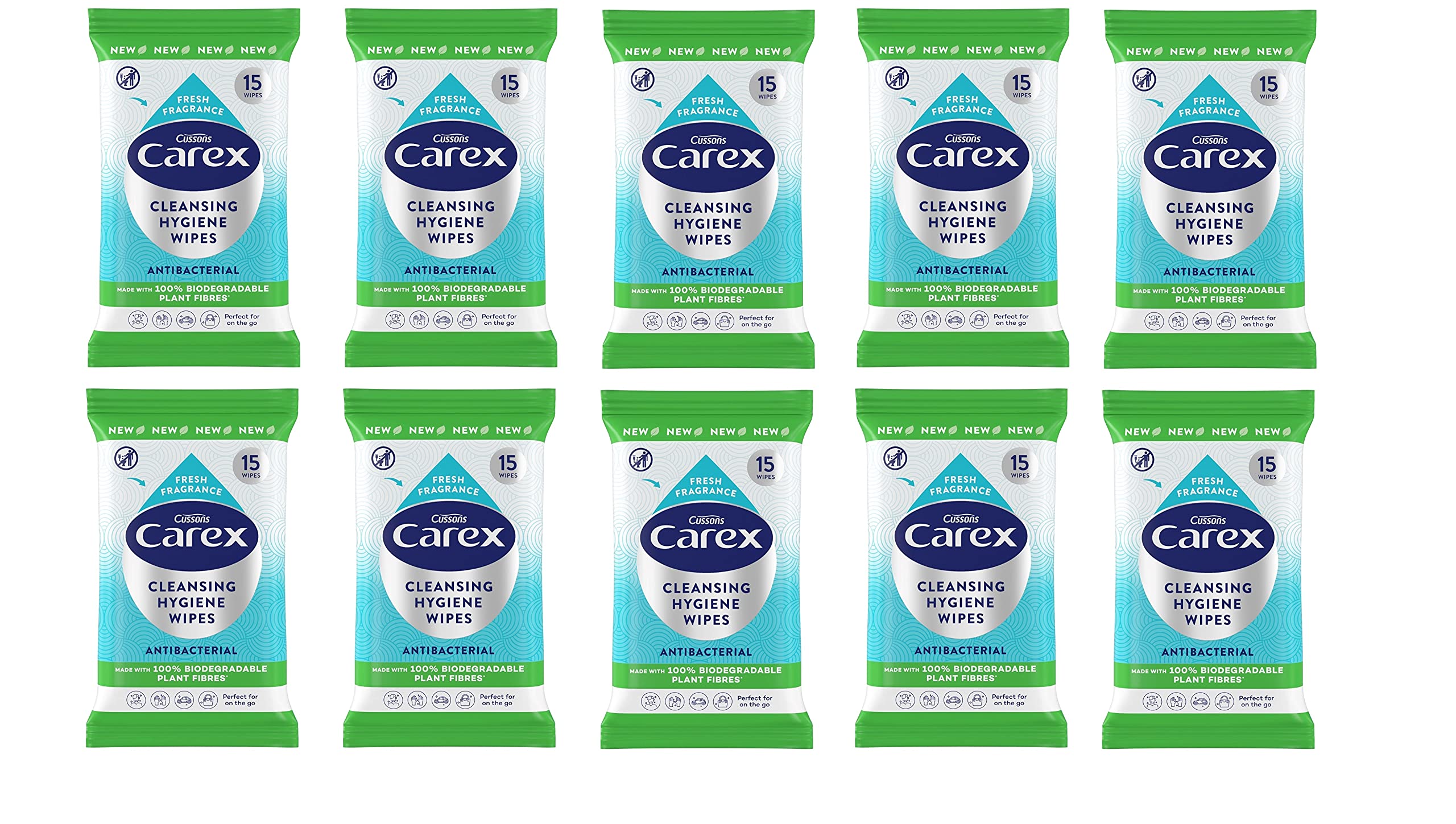 Carex Antibacterial Original Biodegradeable Wipes, Cleans, Cares and Protects, Bulk Buy, Pack of 10 x 15 Wipes