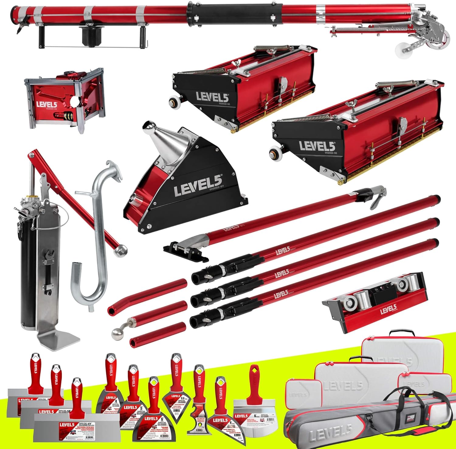 Full Drywall Taping and Finishing Set - LEVEL5 | Automatic Taper, 10”/12" Flat Boxes, 3” Angle Head, 7” Corner Applicator Box, Corner Roller, Extendable Handles, Pump, Gooseneck | 4-601