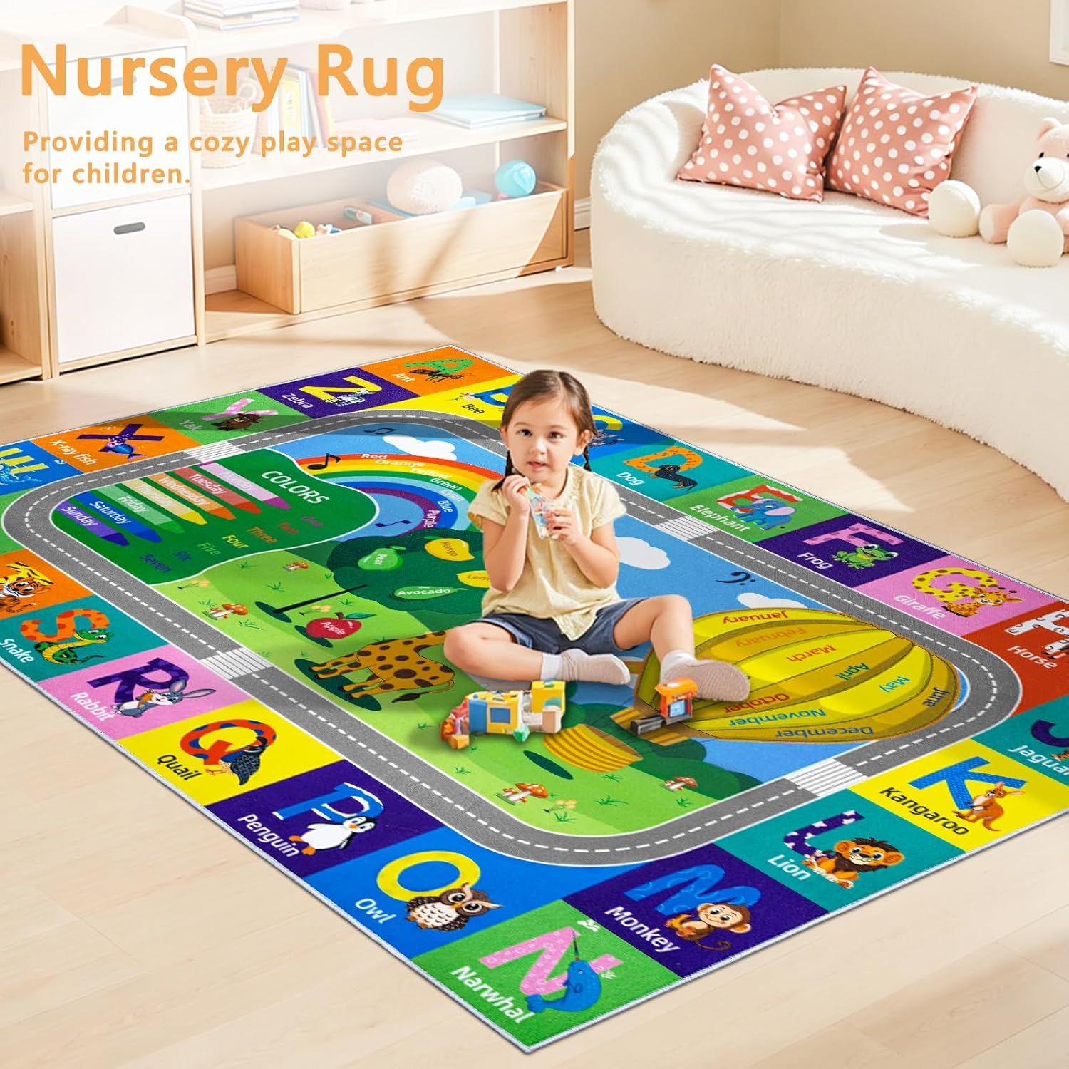 Kids Rug for Playroom, 4x6 ABC Educational Carpet for Classroom,Non Slip Washable Play Mat with Alphabet Numbers Seasons Animal Color Fruit, Kids Area Rug Classroom Carpet Nursery Toddler Room Decor