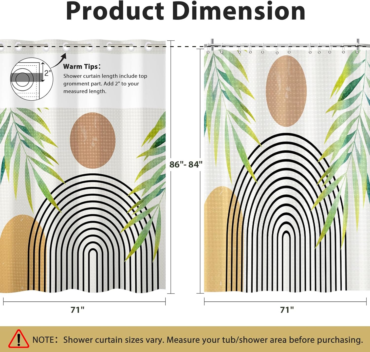 No Hook Shower Curtain with Snap in Liner, Waffle Shower Curtain Set for Bathroom, Mid Century Style with Semi-Sheer Top Window, Waterproof & Washable, 71" W x 86" L