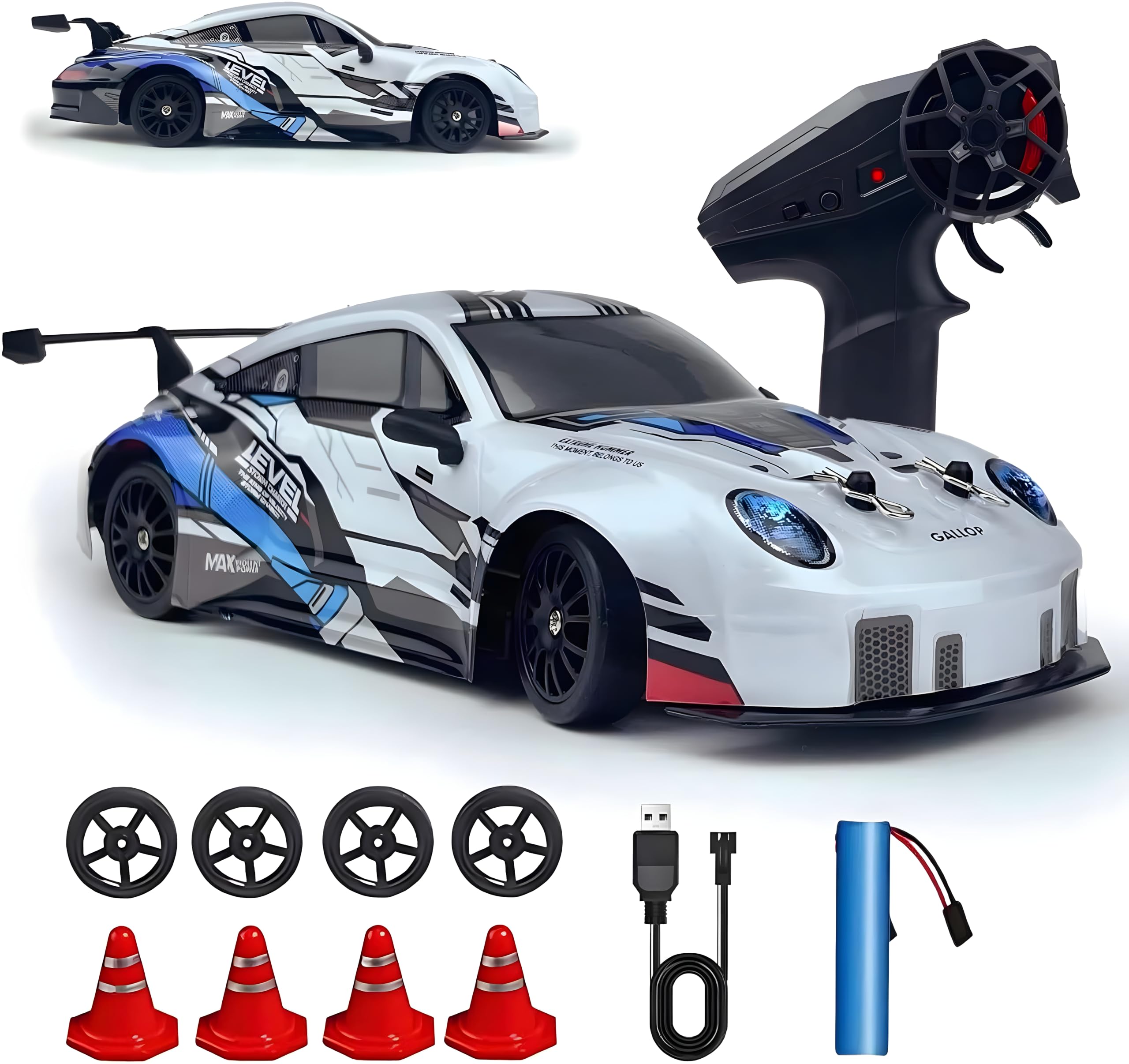 Cable World® RC Drift Car for Kids, 2.4GHz Remote Control Car, 4WD Dual Motor, Unbreakable PVC Body, LED Lights, Rechargeable Battery,High Speed RC Car for Kids, Extra Drift & Racing Tyres